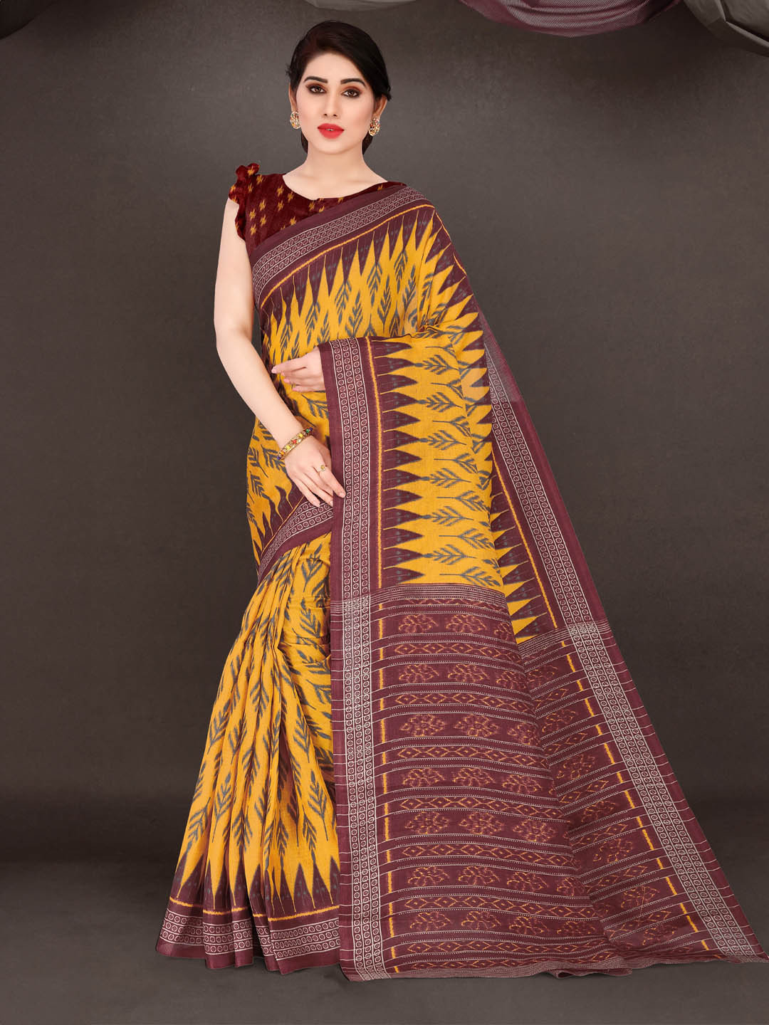 KALINI Mustard & Maroon Art Silk Ikat Saree