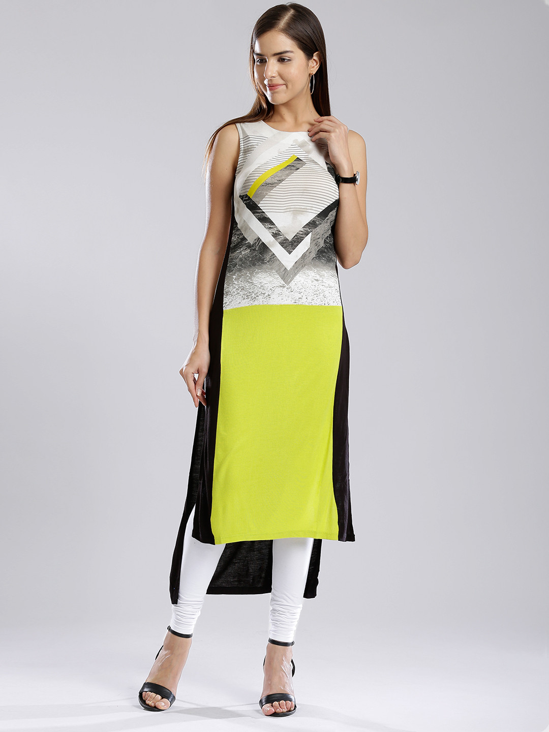W Women Off-White & Lime Green High-Low Knitted Kurta