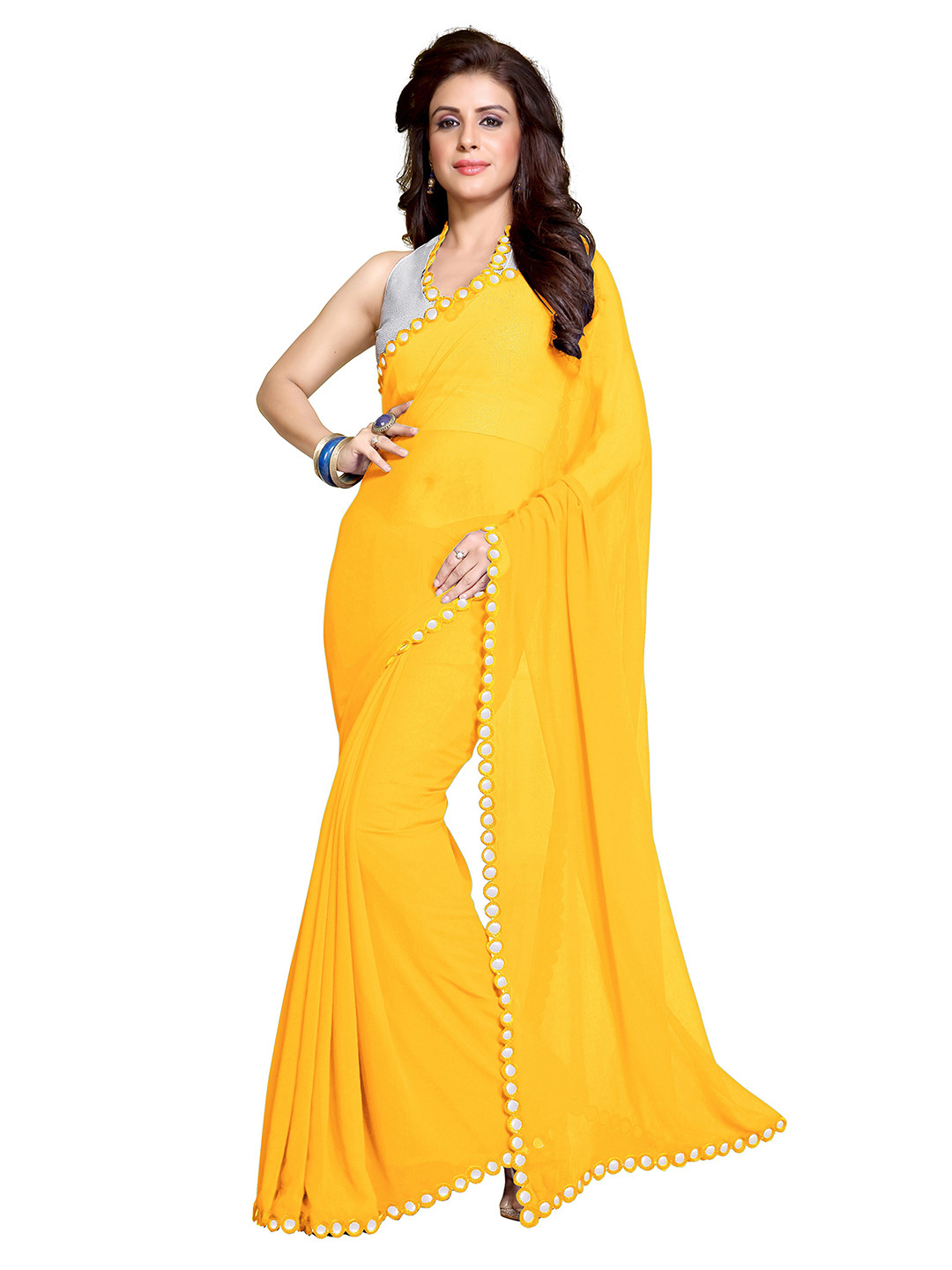 KALINI Yellow & Silver-Coloured Mirror Work Embellished Saree