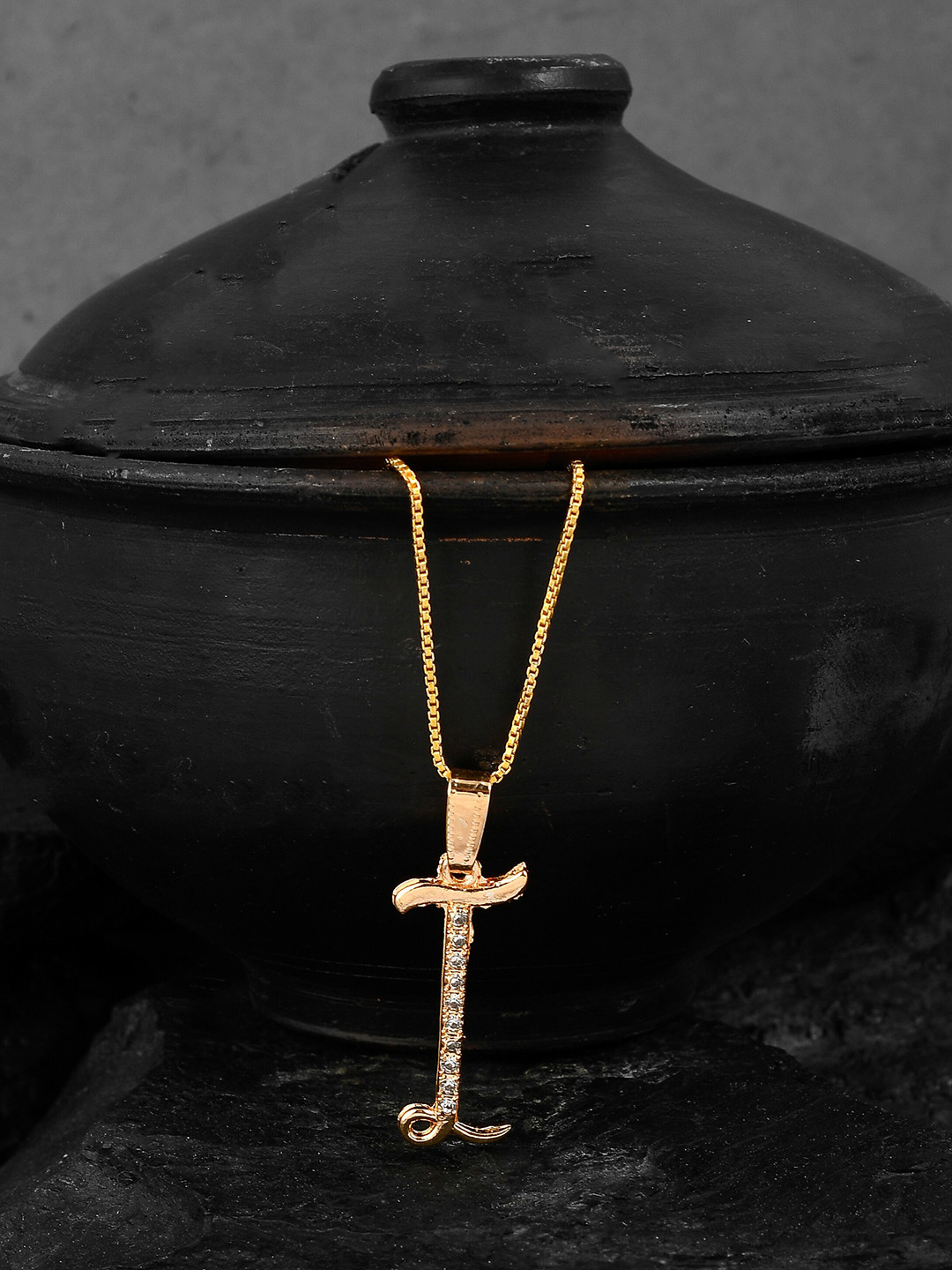 Silvermerc Designs Gold-Plated White Cubic Zirconia I-Shaped Handcrafted Pendant With Chain