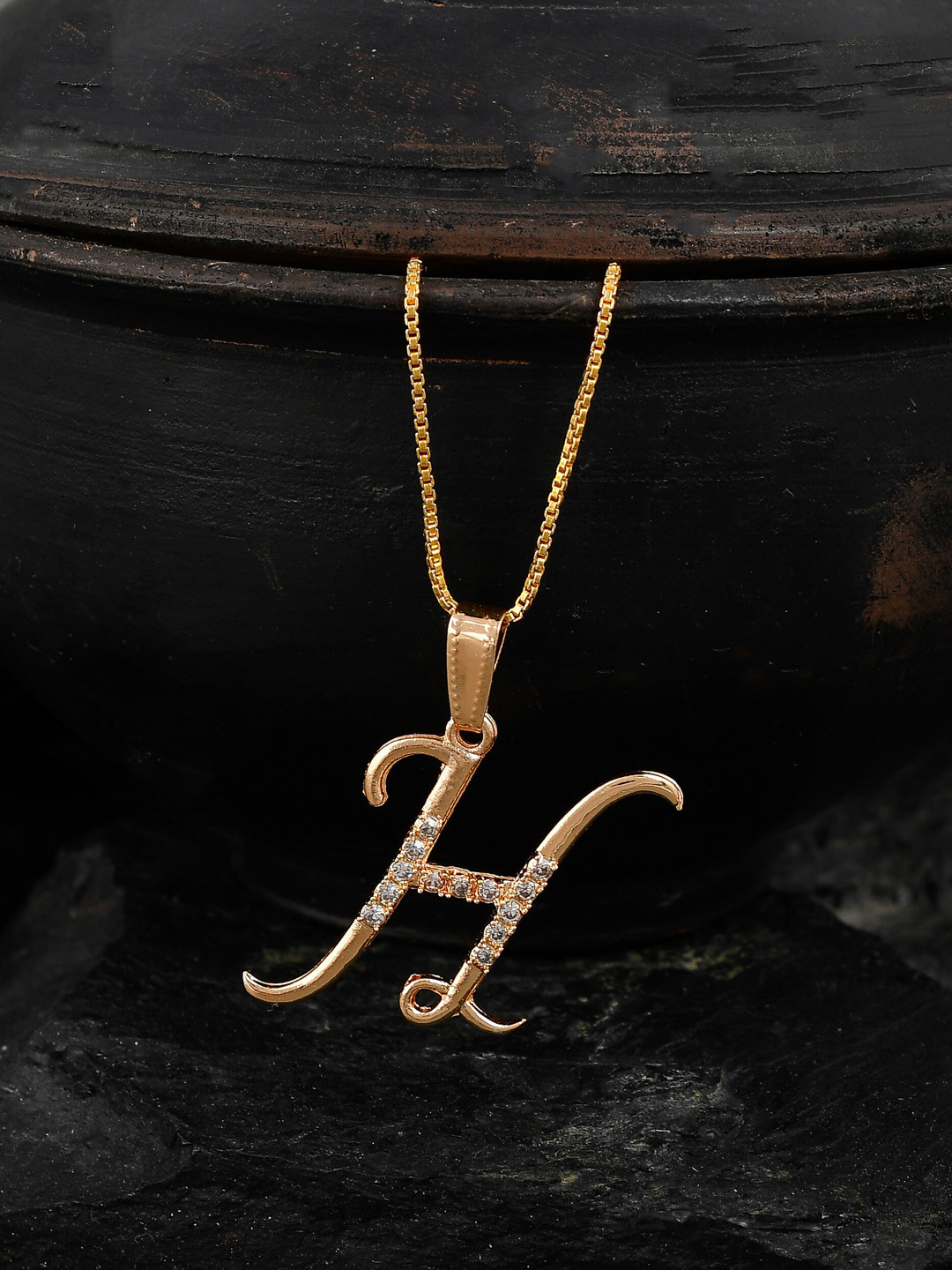 Silvermerc Designs Gold-Plated White CZ-Studded H-Shaped Contemporary Handcrafted Pendant With Chain