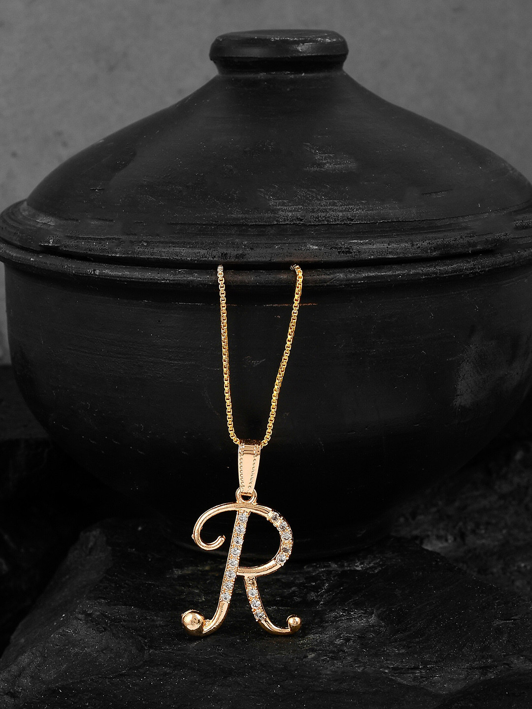 Silvermerc Designs Gold-Plated White CZ-Studded R-Shaped Contemporary Handcrafted Pendant With Chain