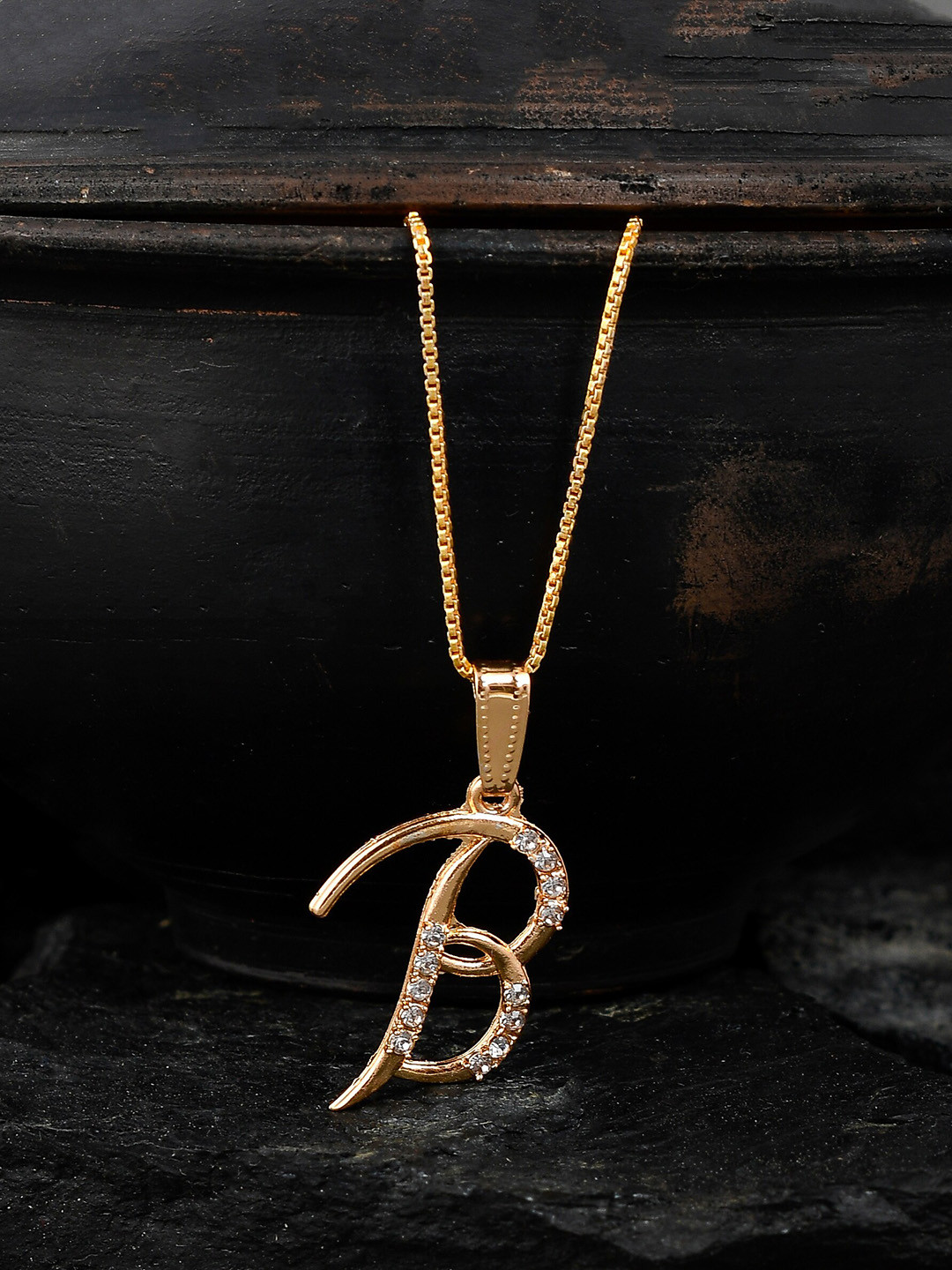 Silvermerc Designs Gold-Plated White CZ-Studded B-Shaped Contemporary Handcrafted Pendant With Chain