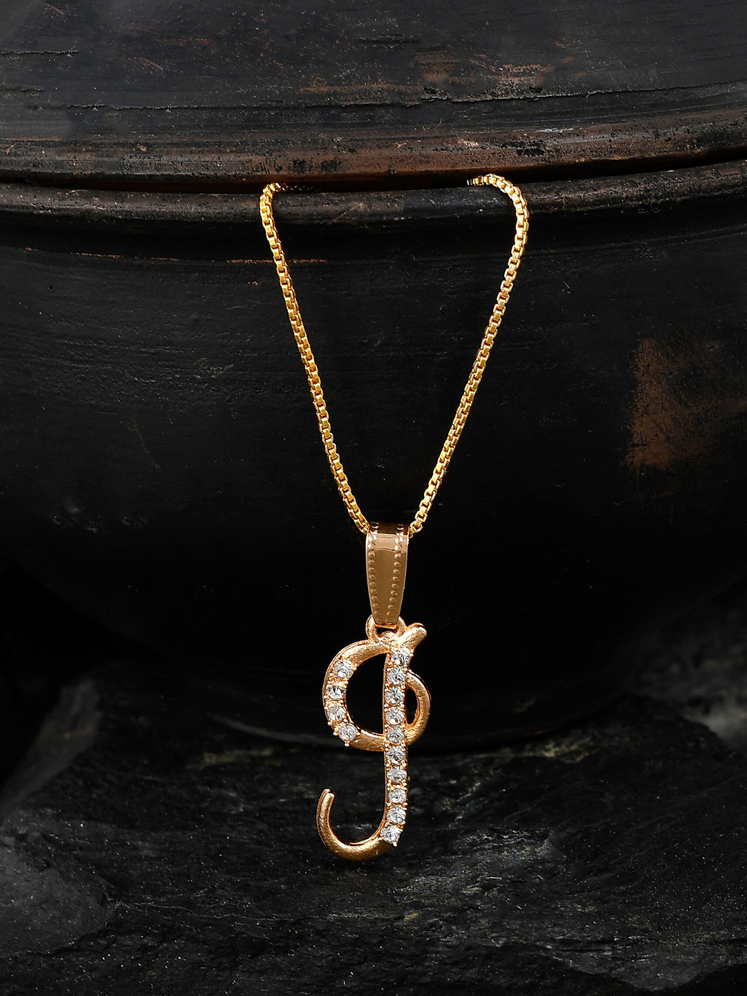 Silvermerc Designs Gold-Plated & White Cubic Zirconia-Studded J-Shaped Contemporary Pendant With Chain