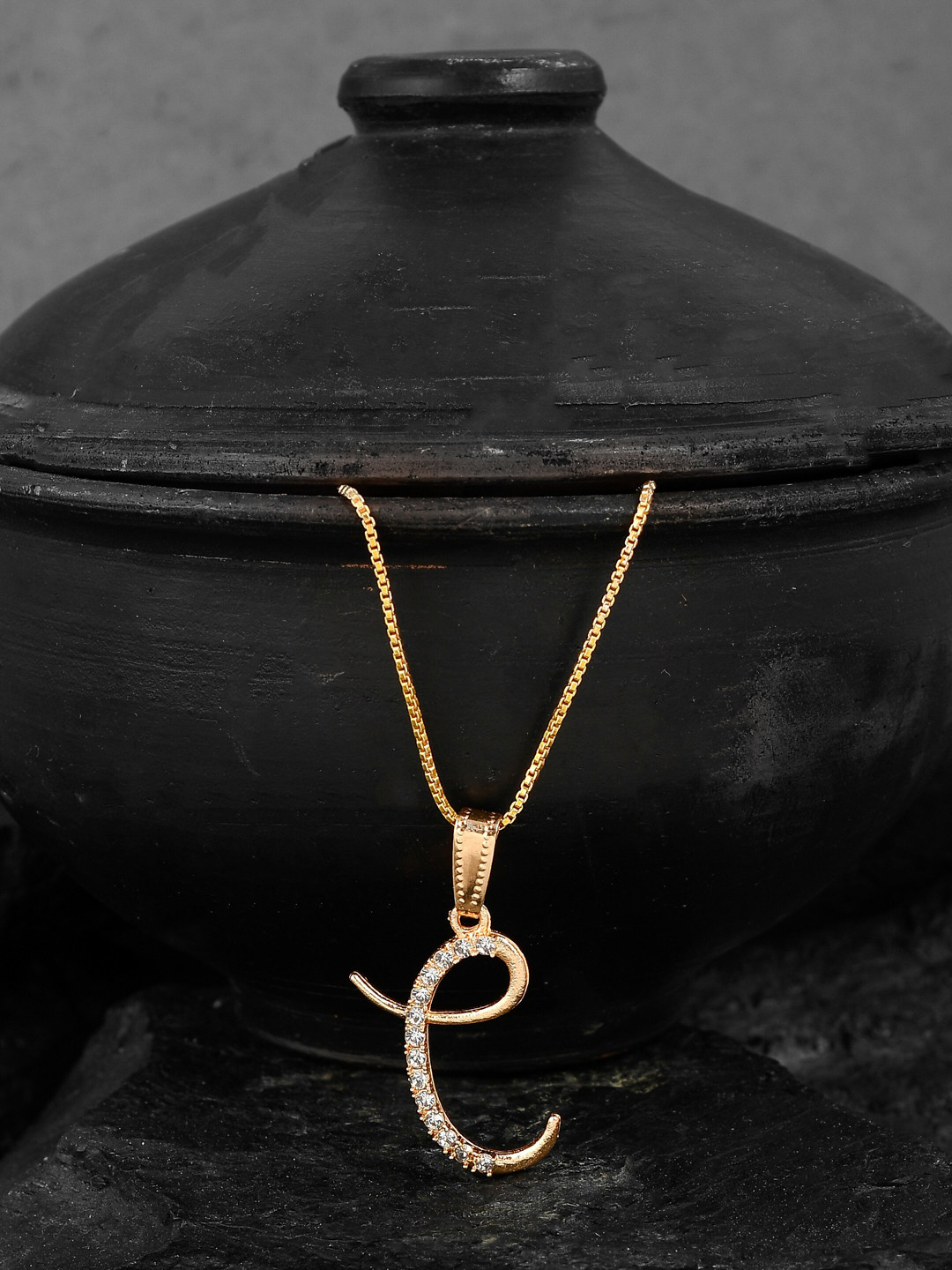 Silvermerc Designs Gold-Plated & White Cubic Zirconia-Studded E-Shaped Contemporary Pendant With Chain