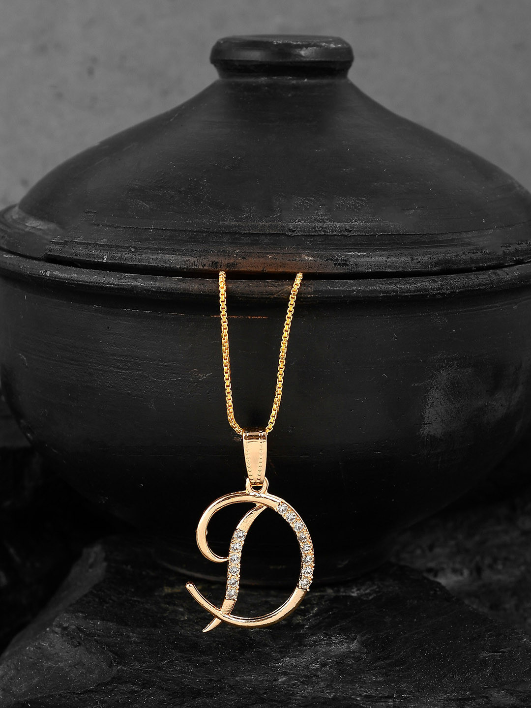 Silvermerc Designs Gold-Plated White CZ-Studded D-Shaped Contemporary Handcrafted Pendant With Chain