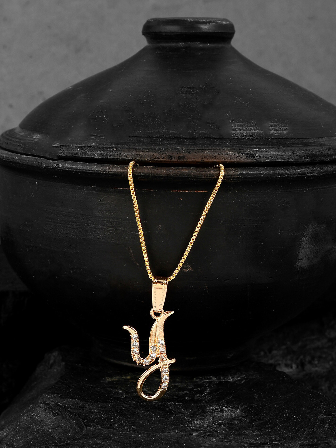Silvermerc Designs Gold-Plated White CZ-Studded Y-Shaped Contemporary Handcrafted Pendant With Chain