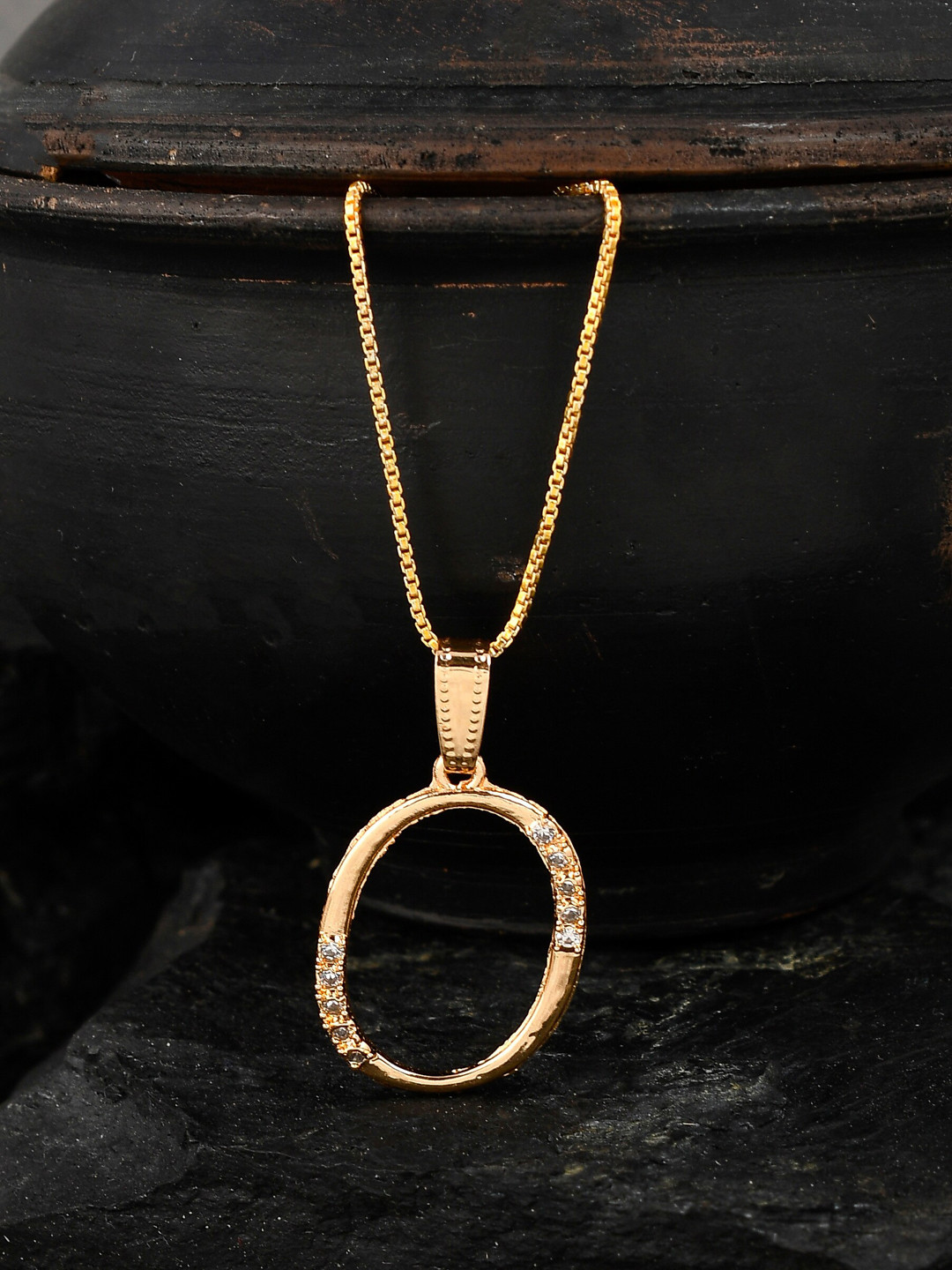 Silvermerc Designs Gold-Plated White CZ-Studded O-Shaped Contemporary Handcrafted Pendant With Chain