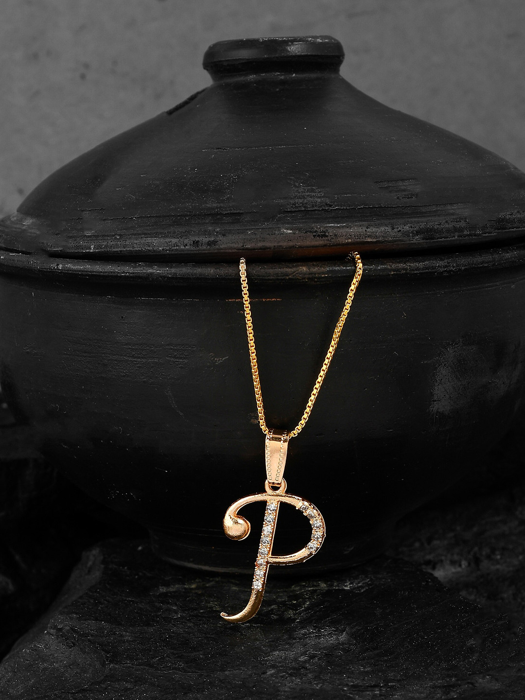 Silvermerc Designs Gold-Plated White CZ-Studded P-Shaped Contemporary Handcrafted Pendant With Chain