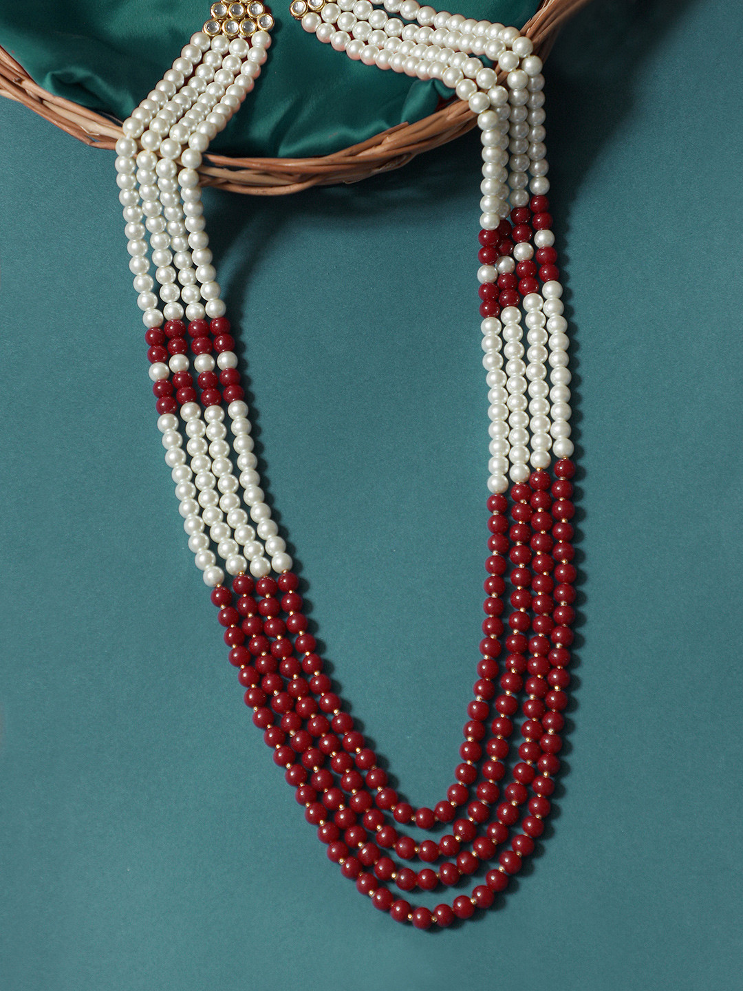 KARATCART Men Red & White Handcrafted Beads Maharaja Moti Mala