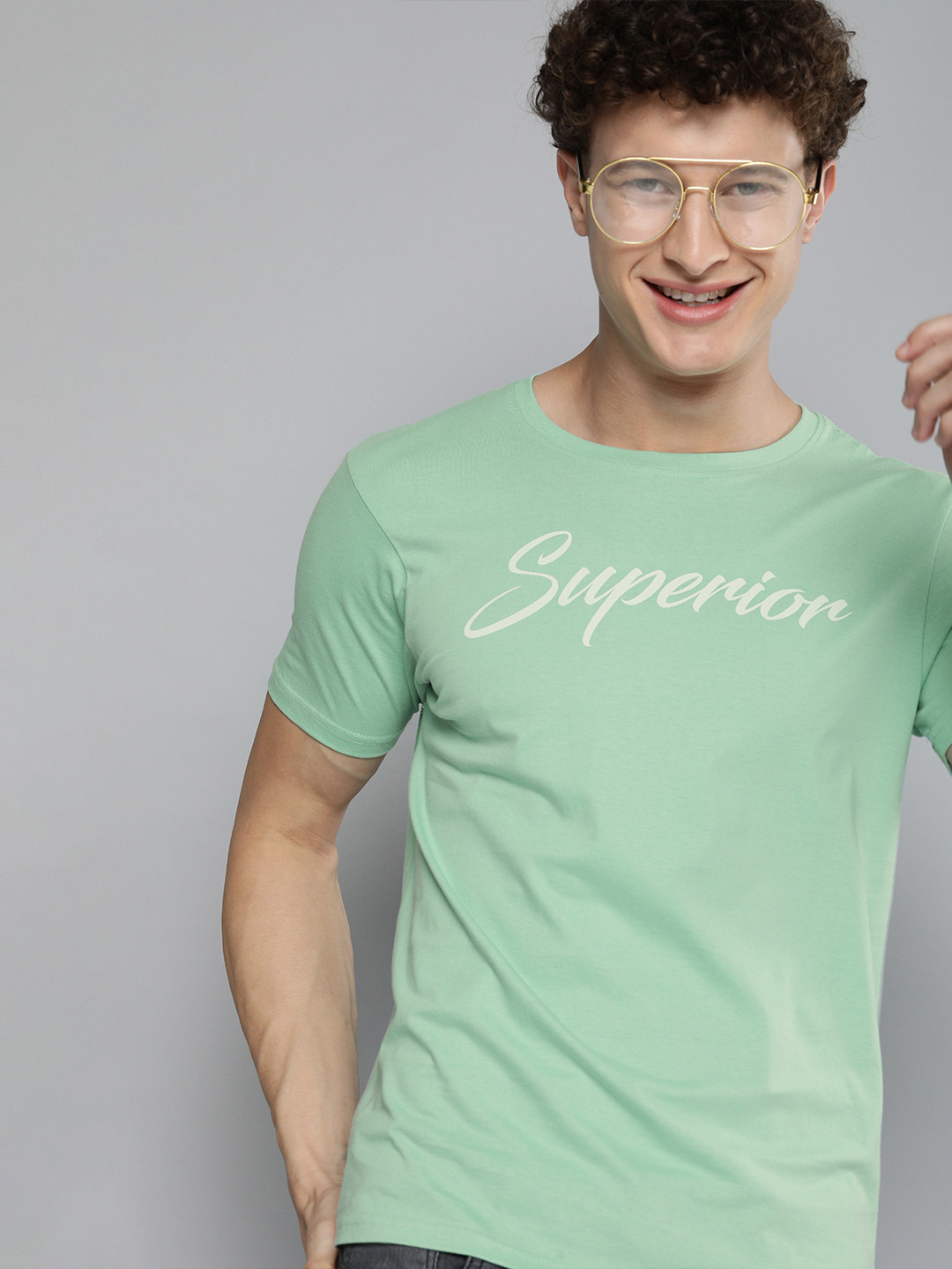 HERENOW Men Sea Green Typography Printed Pure Cotton T-shirt