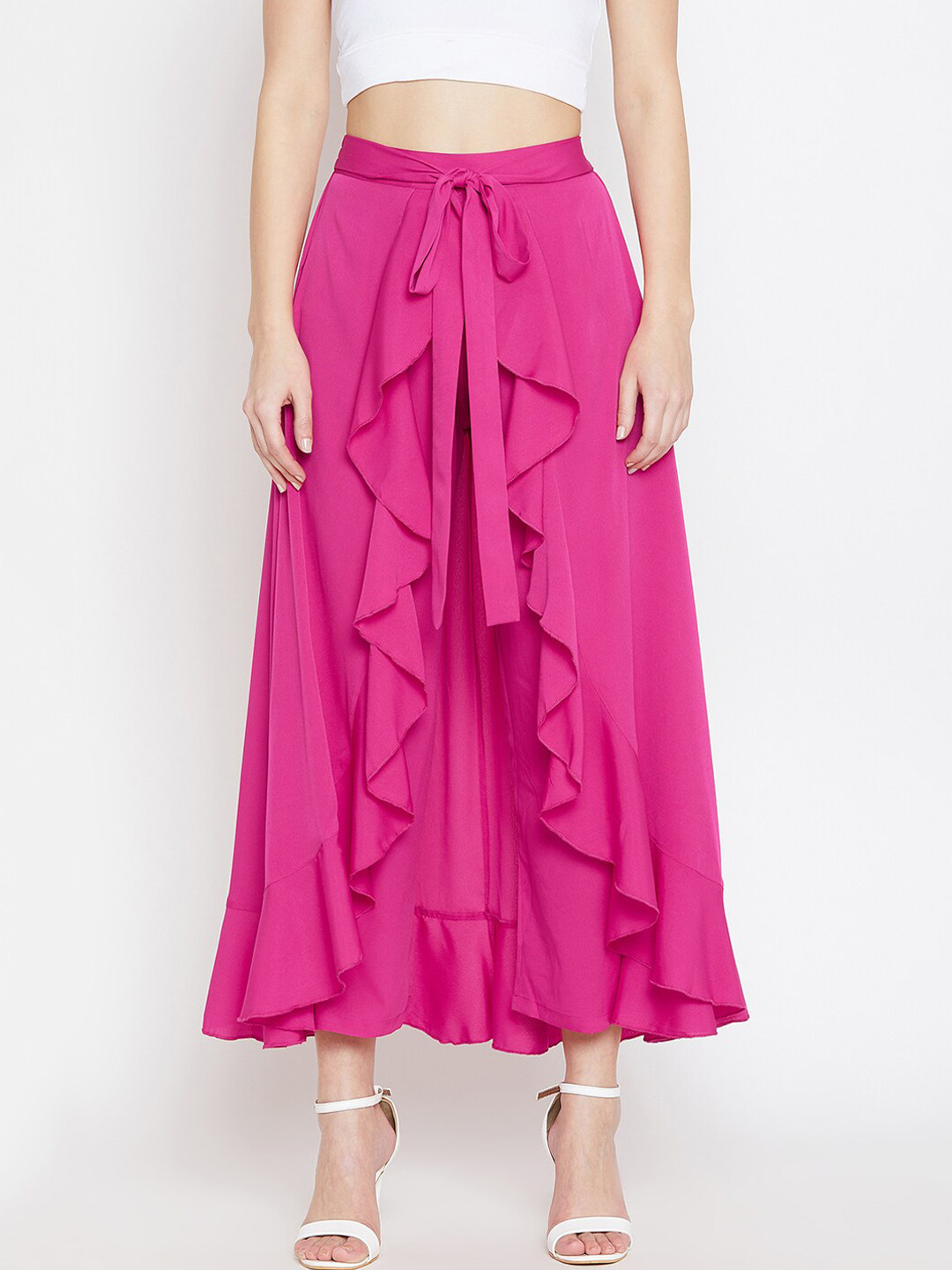 Berrylush Women Pink Solid High-Low Skirt With Attached Palazzo