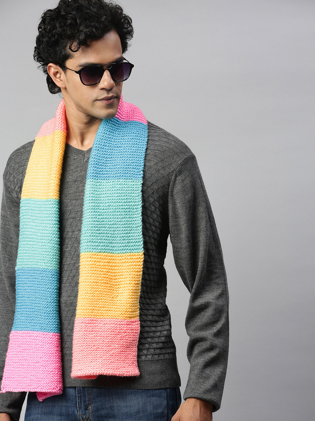 Magic Needles Unisex Blue & Yellow Colourblocked Scarf