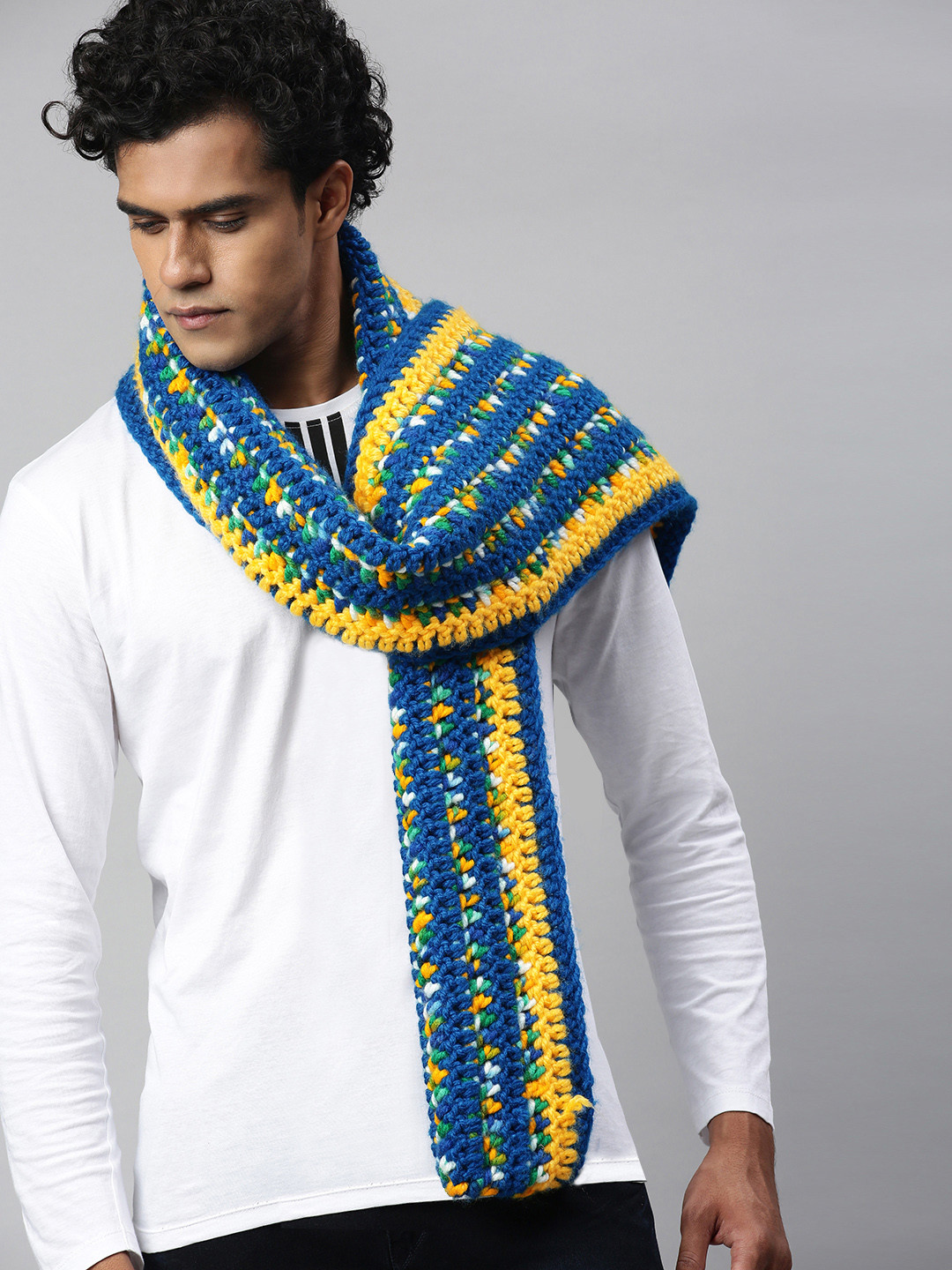 Magic Needles Unisex Blue & Yellow Self-Design Scarf