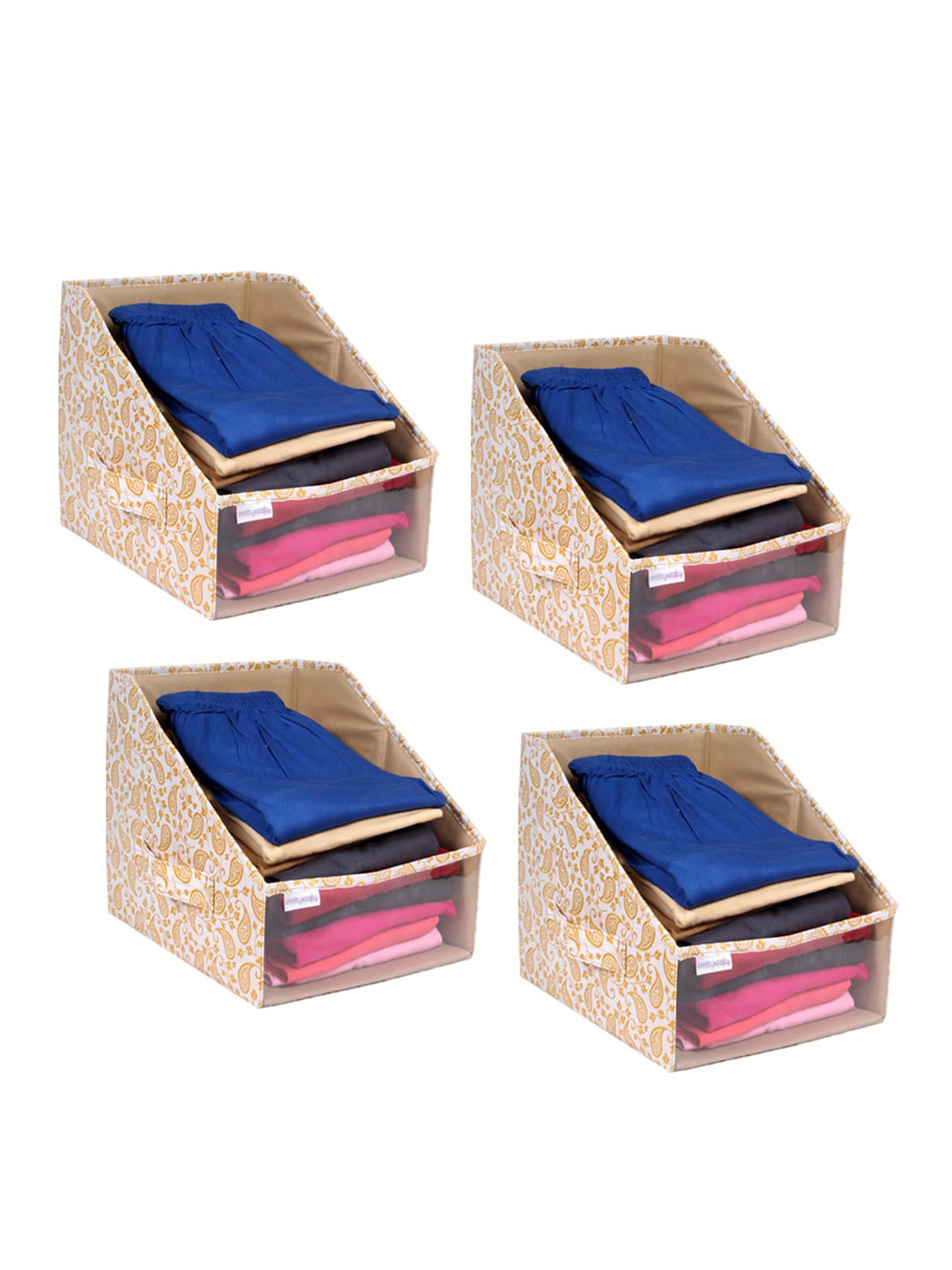 prettykrafts Set Of 4 Beige & White Printed Leggings stacker Closet Organisers