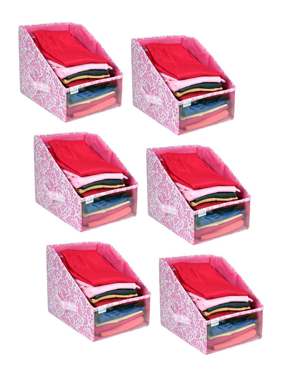 prettykrafts Set Of 6 White & Pink Printed Leggings Stacker Closet Organisers