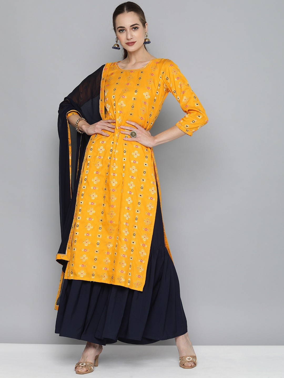 Kvsfab Women Yellow & Navy Blue Ethnic Motifs Kurta with Sharara & Dupatta