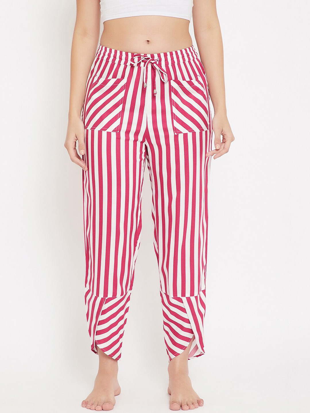Hypernation Women White & Pink Striped Lounge Pants
