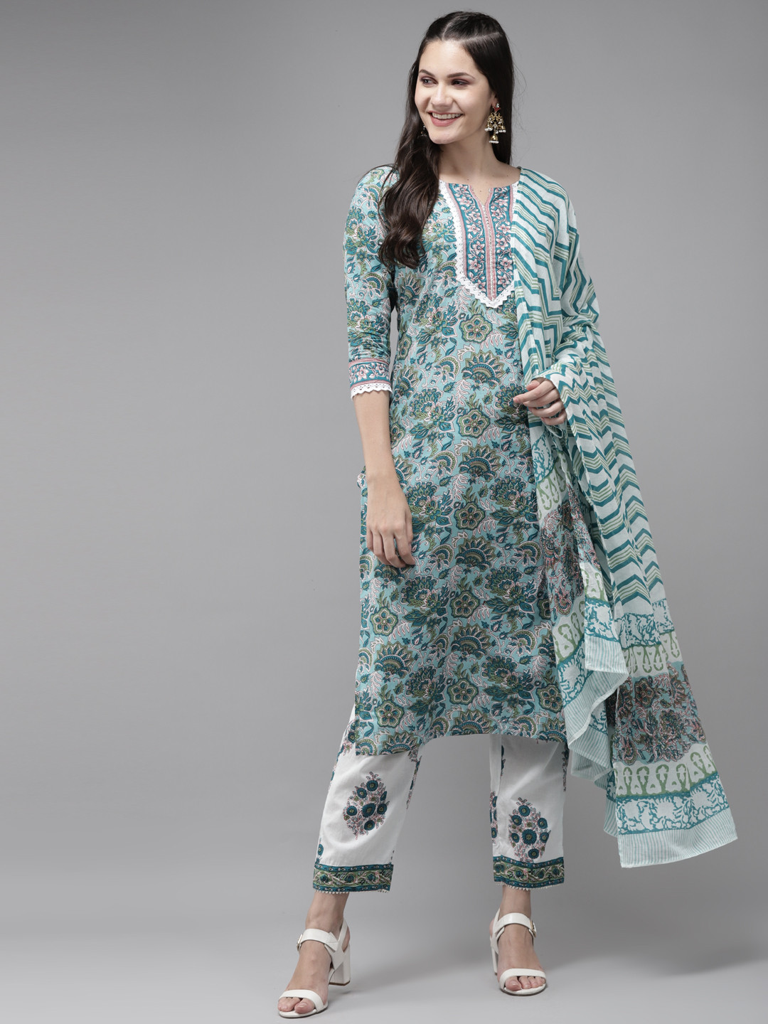Yufta Women Green & White Ethnic Screen Print Cotton Kurta with Palazzos & With Dupatta