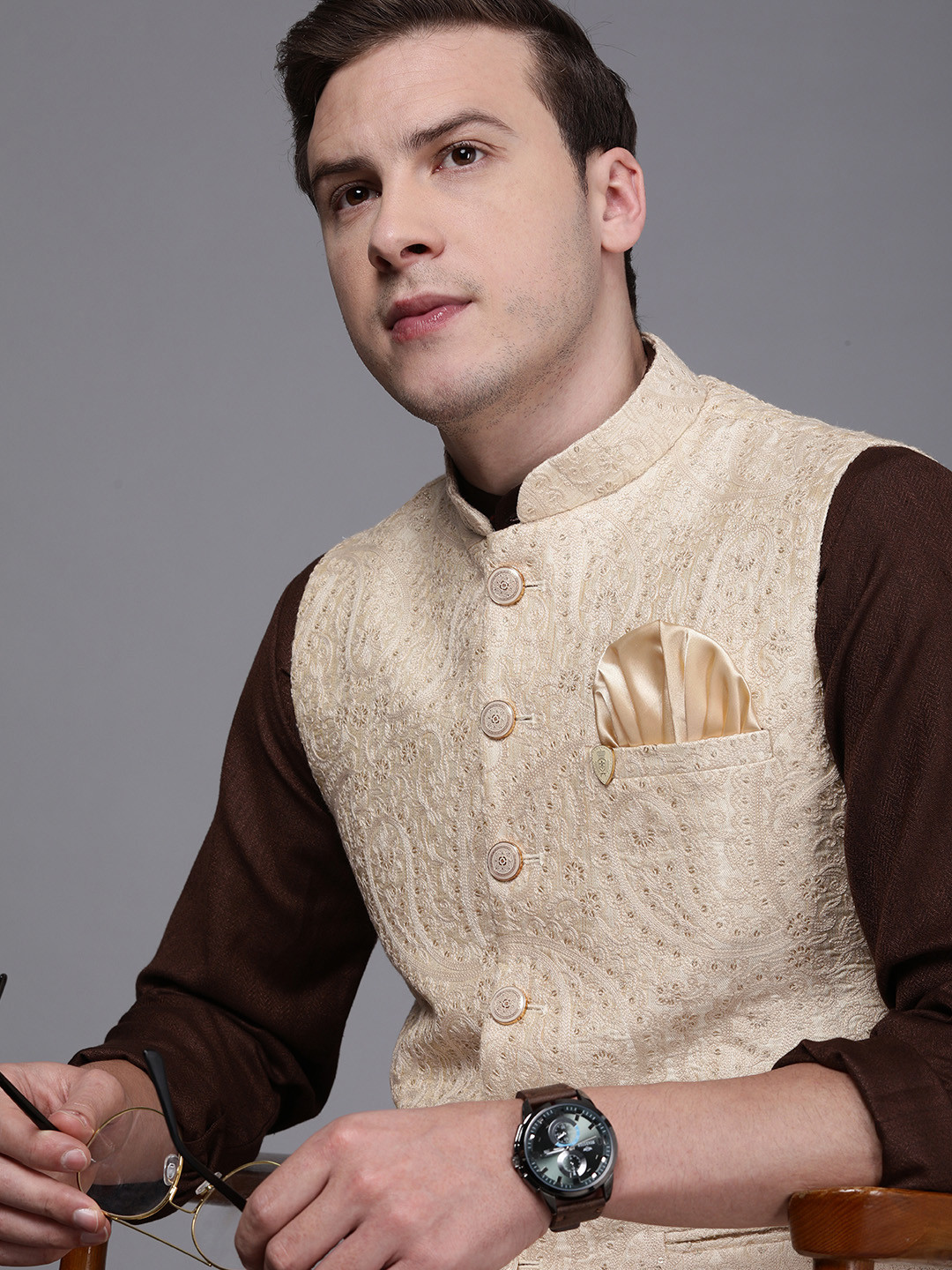 Manyavar Beige Art Silk Embroidered Nehru Jacket
