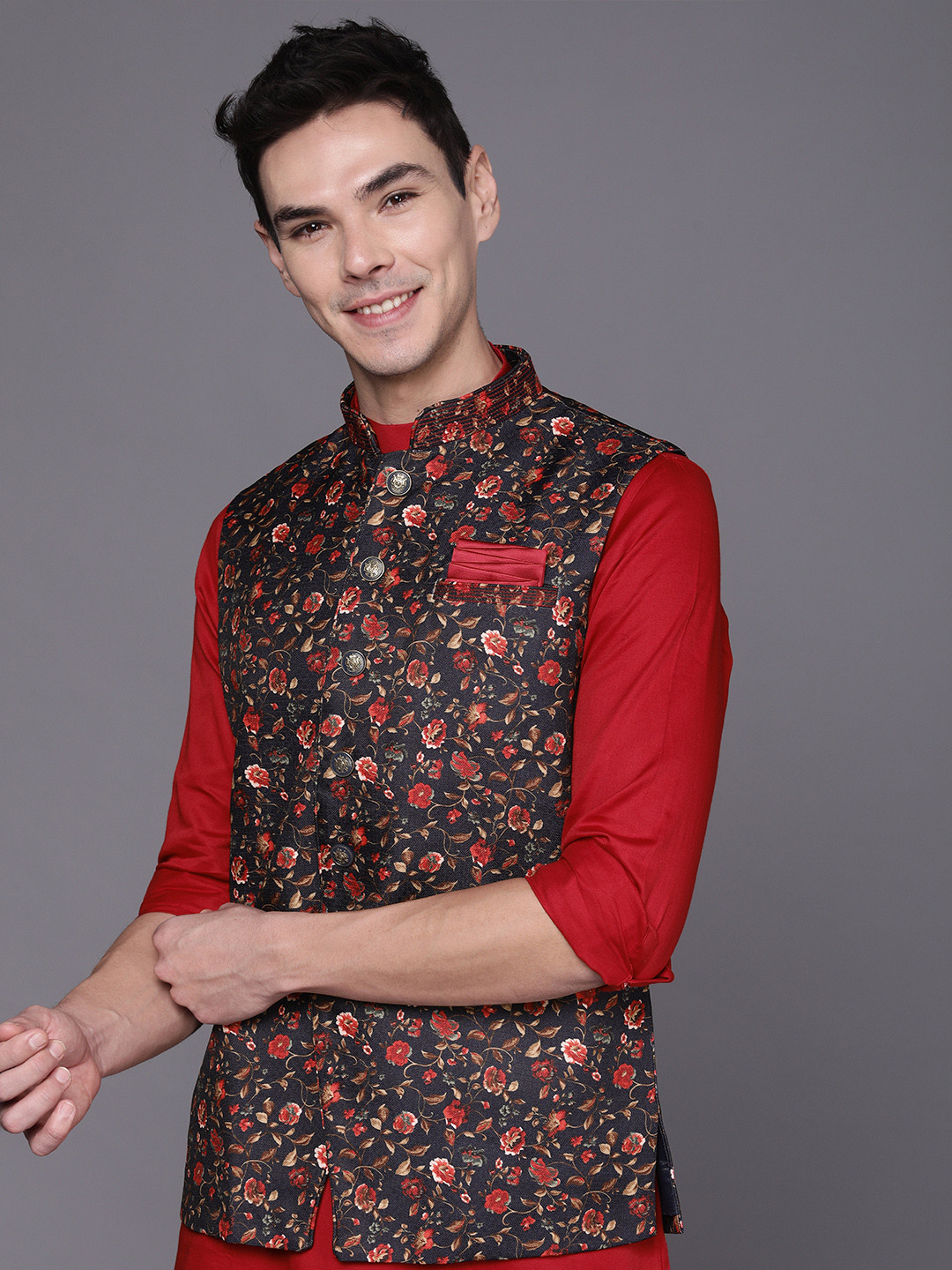 Manyavar Men Red Angrakha Kurta with Pyjamas and Nehru Jacket