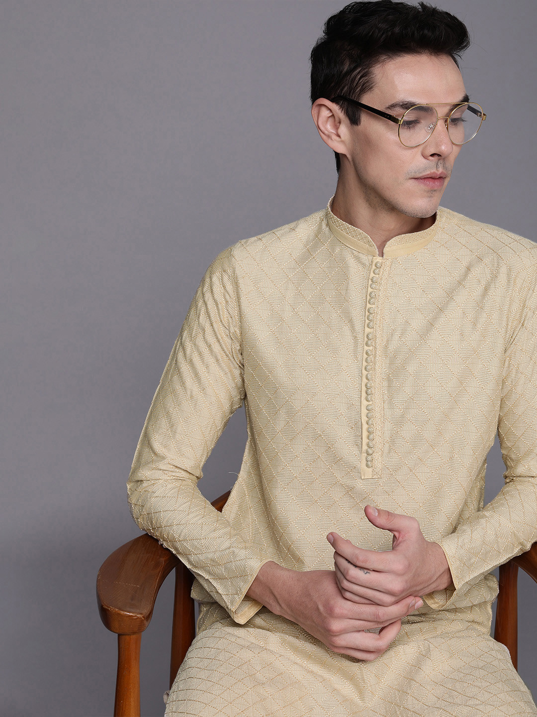 Manyavar Men Beige Embroidered Regular Thread Work Kurta with Pyjamas