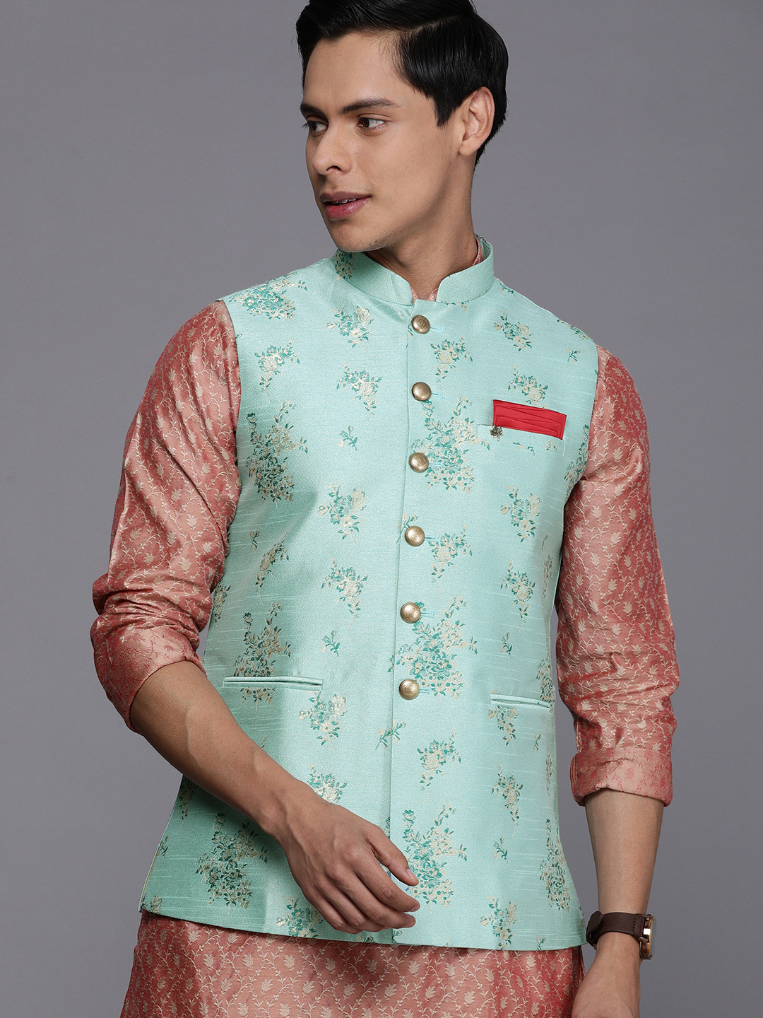 Manyavar Men Blue & Beige Woven Design Nehru Jacket with Pocket Square