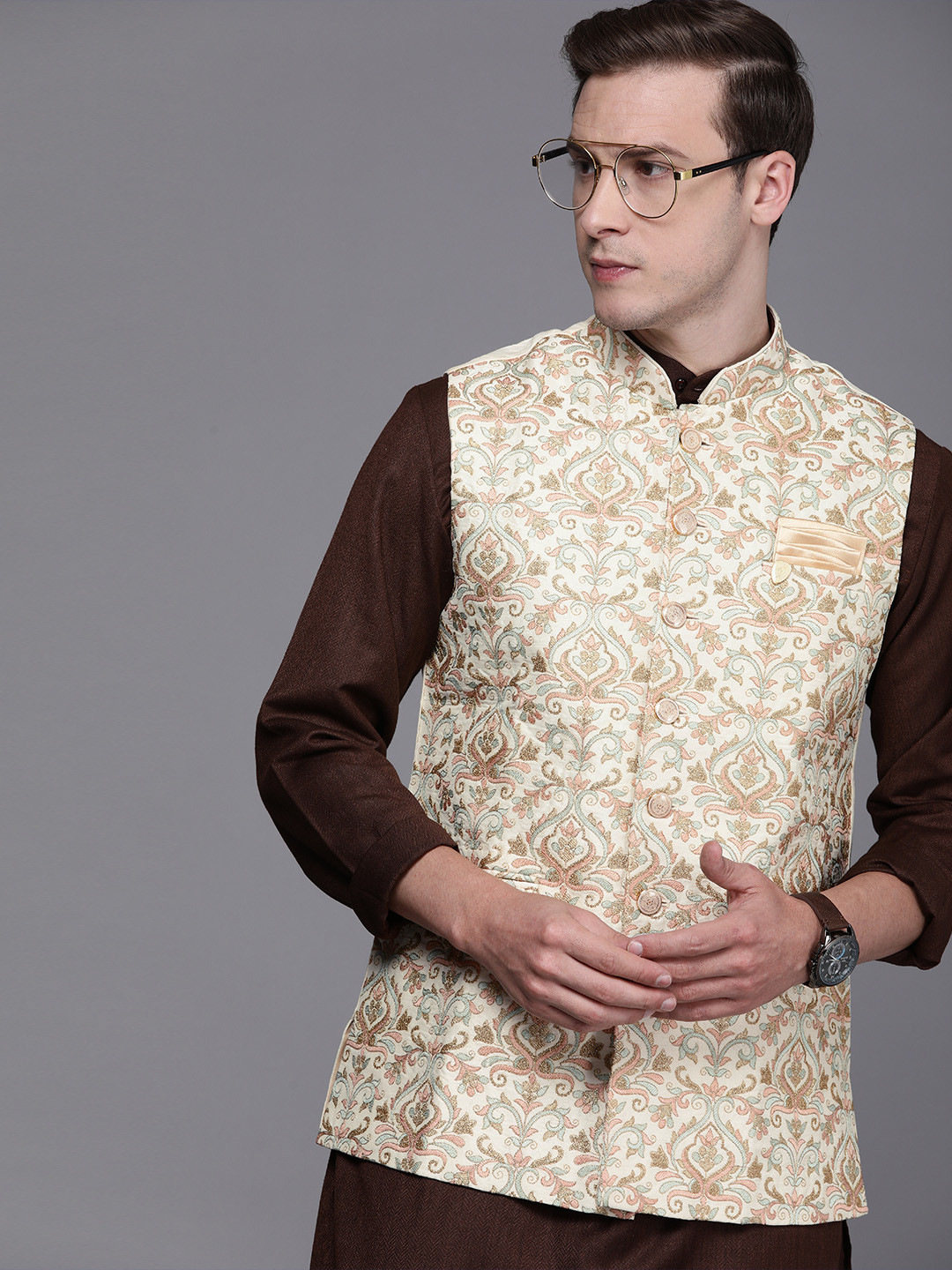 Manyavar Off-White Art Silk Embroidered Nehru Jacket