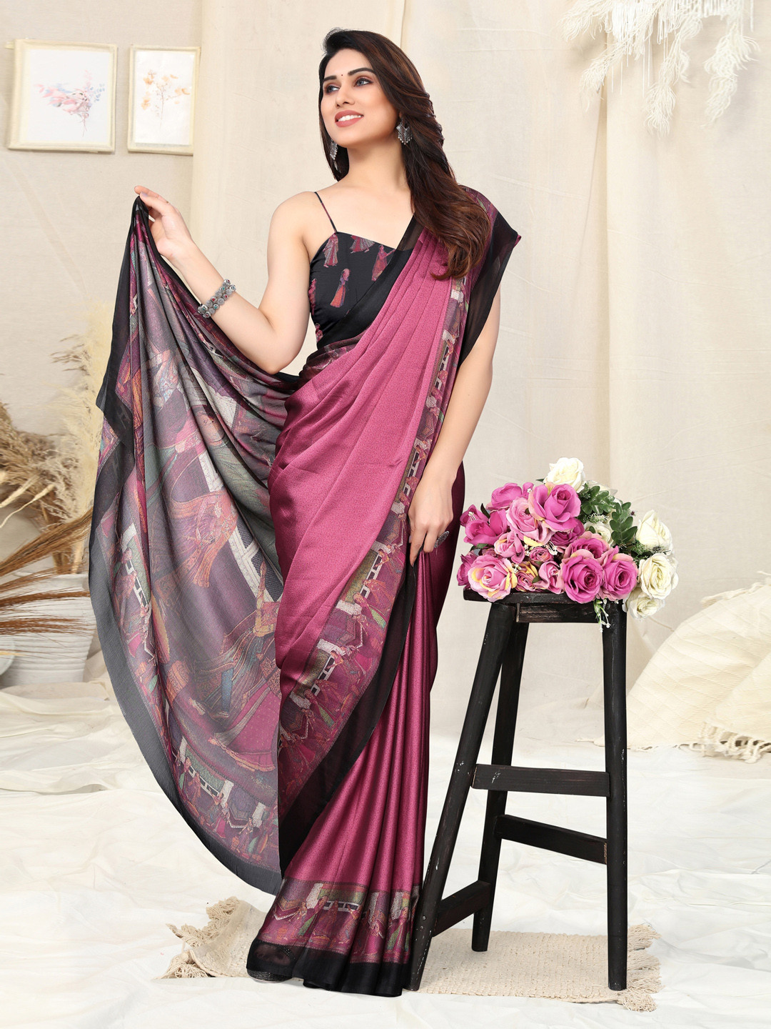 KALINI Pink & Black Ethnic Motifs Saree
