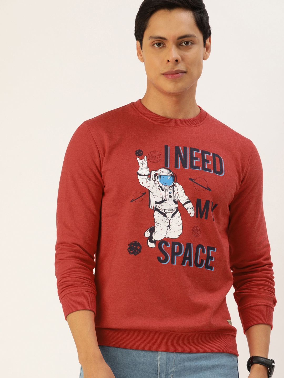 PETER ENGLAND UNIVERSITY Men Rust Red   Navy Blue Graphic Print Sweatshirt