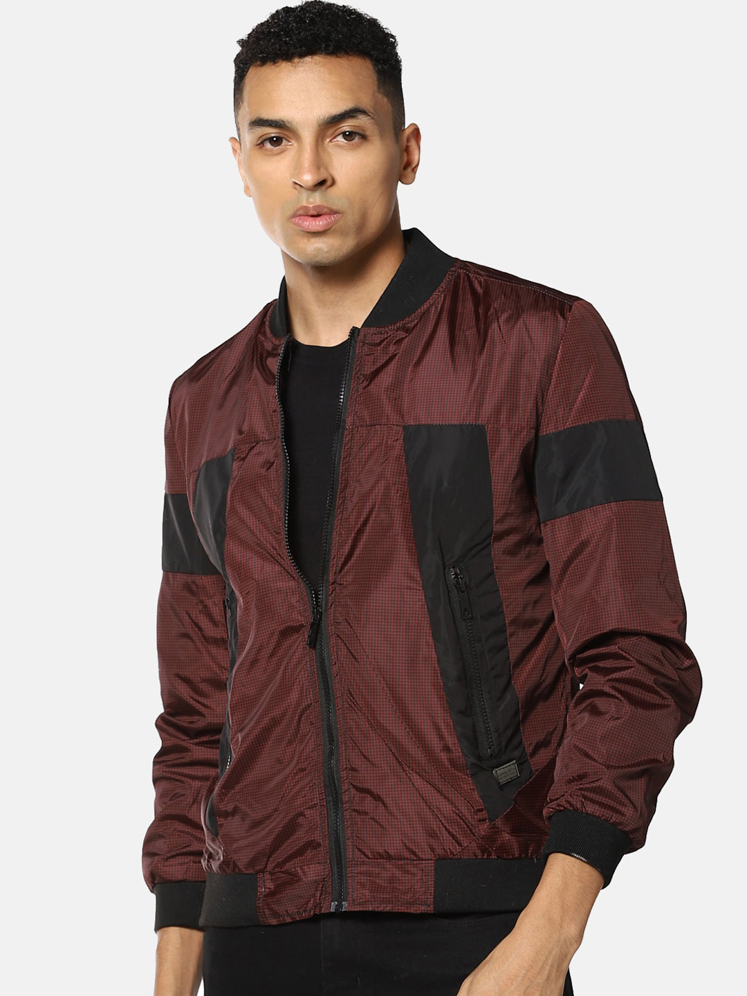 Campus Sutra Men Brown & Black Colourblocked Windcheater Bomber Jacket