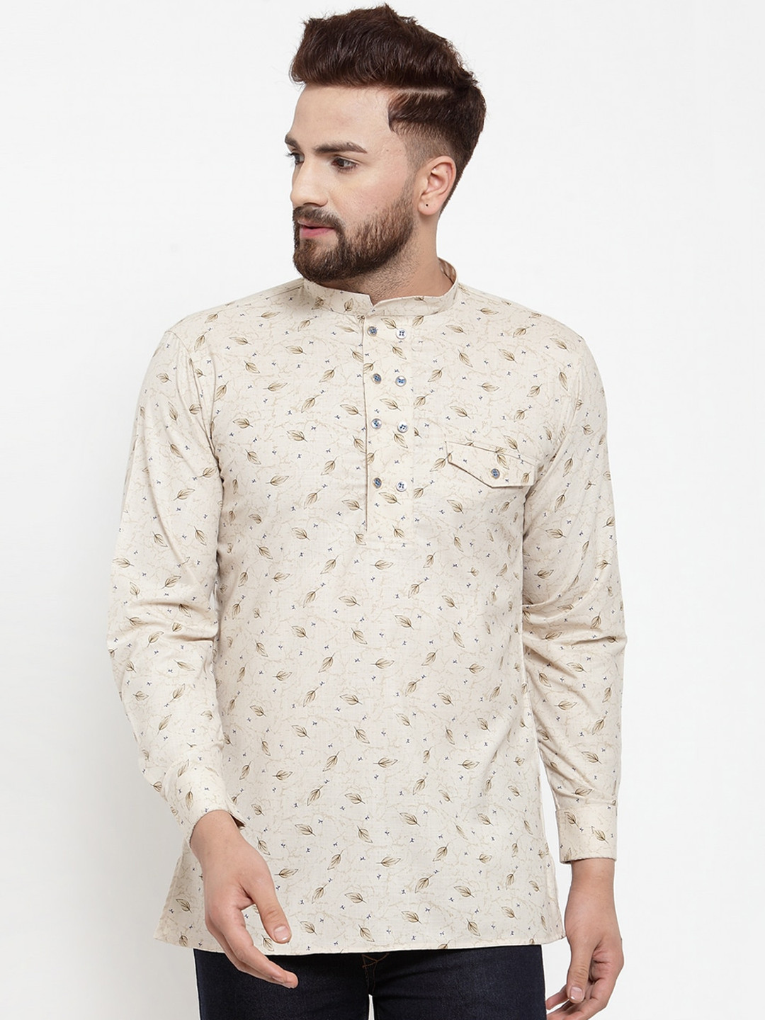 KLOTTHE Men Beige & Brown Printed Cuffed Sleeve Kurta