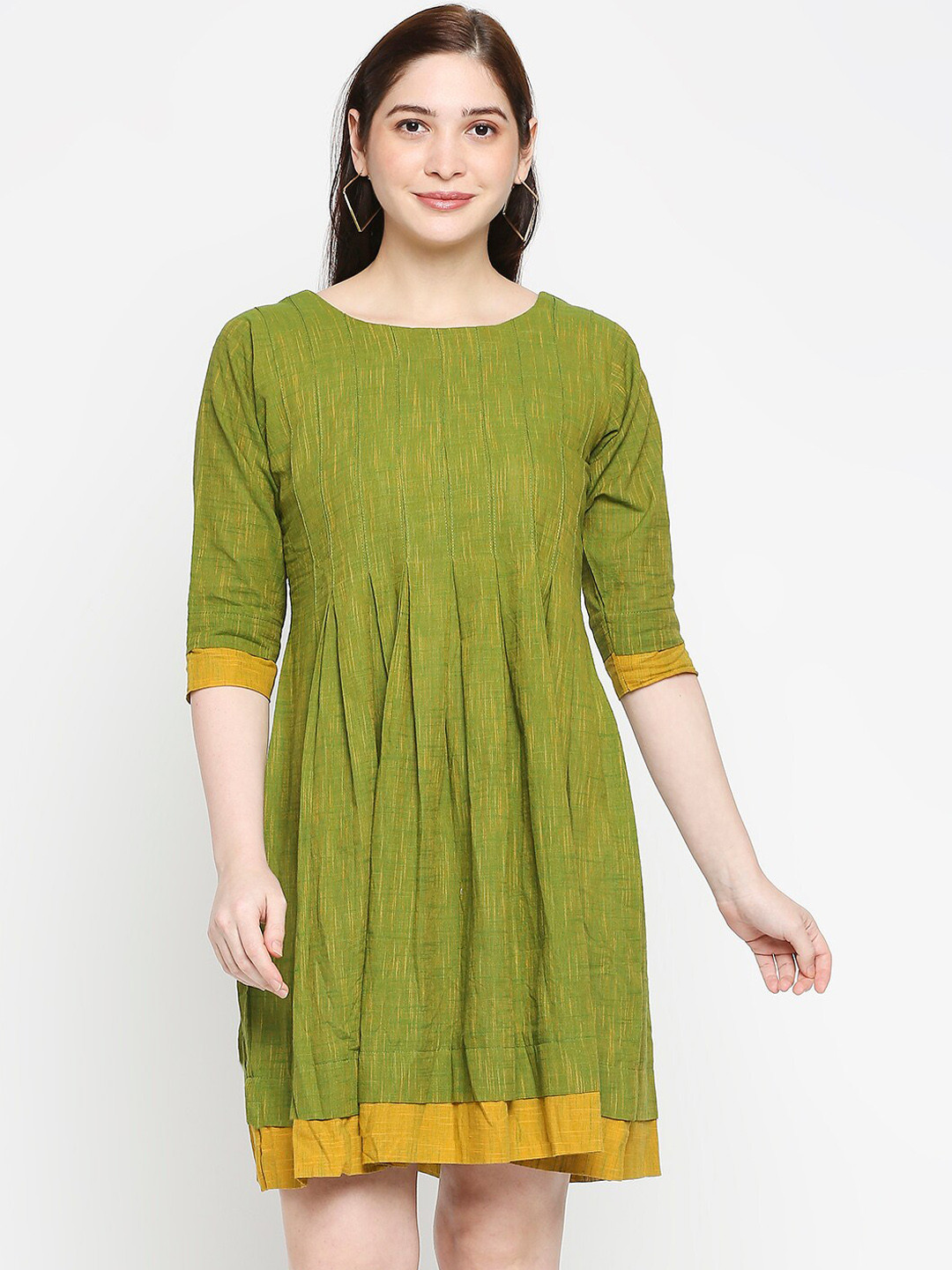 Kuber Studio Women Olive Green & Mustard Self Designed A-Line Dress
