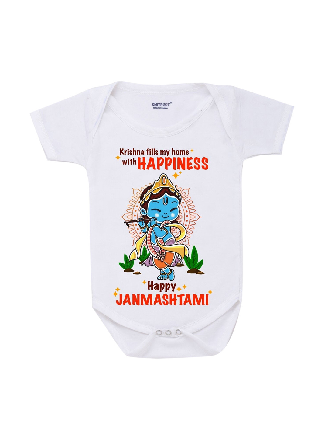 KNITROOT Kids White Krishna Fills Happiness Rompers