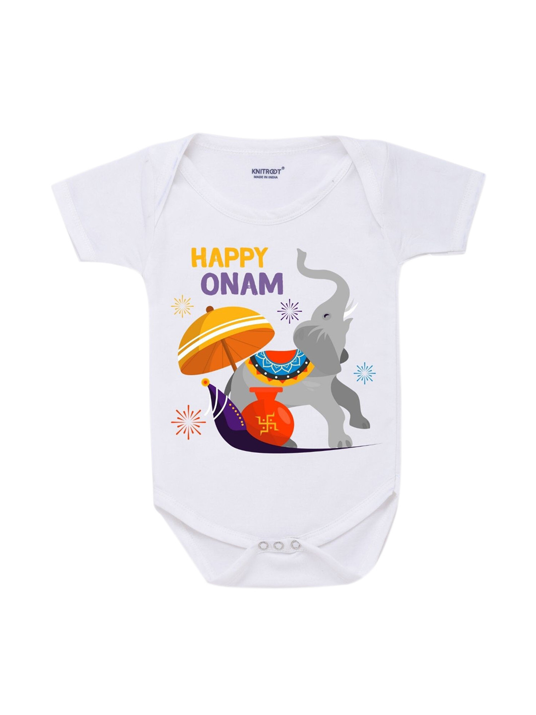 KNITROOT Kids White Happy Onam Rompers