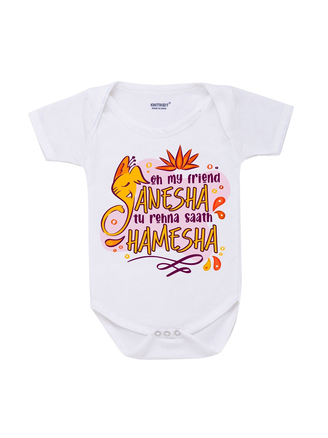 KNITROOT Kids White My Friend Ganesha Rompers