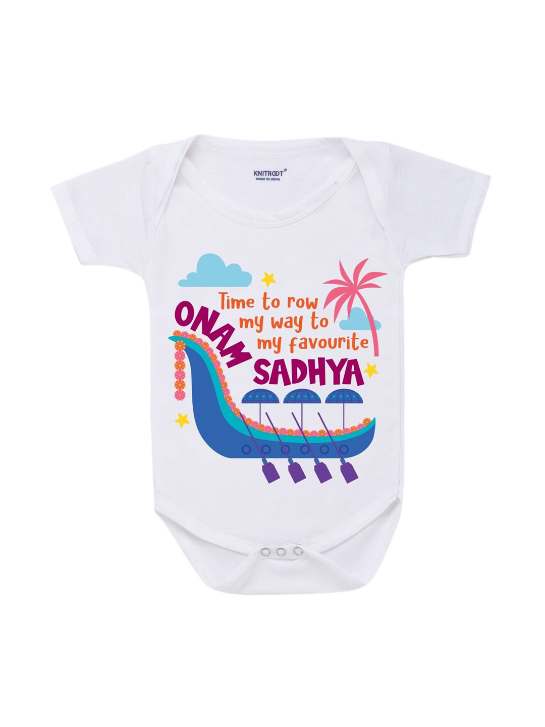 KNITROOT Infant Kids White Onam Sandhya Printed Cotton Bodysuit