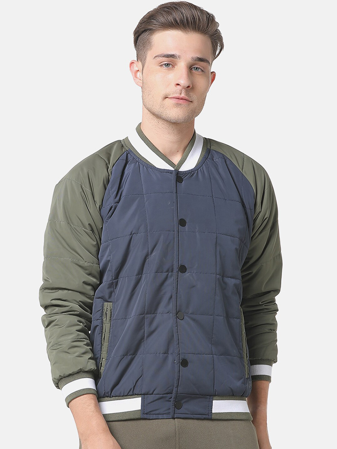 Campus Sutra Men Blue & Olive Green Colourblocked Windcheater Varsity Jacket