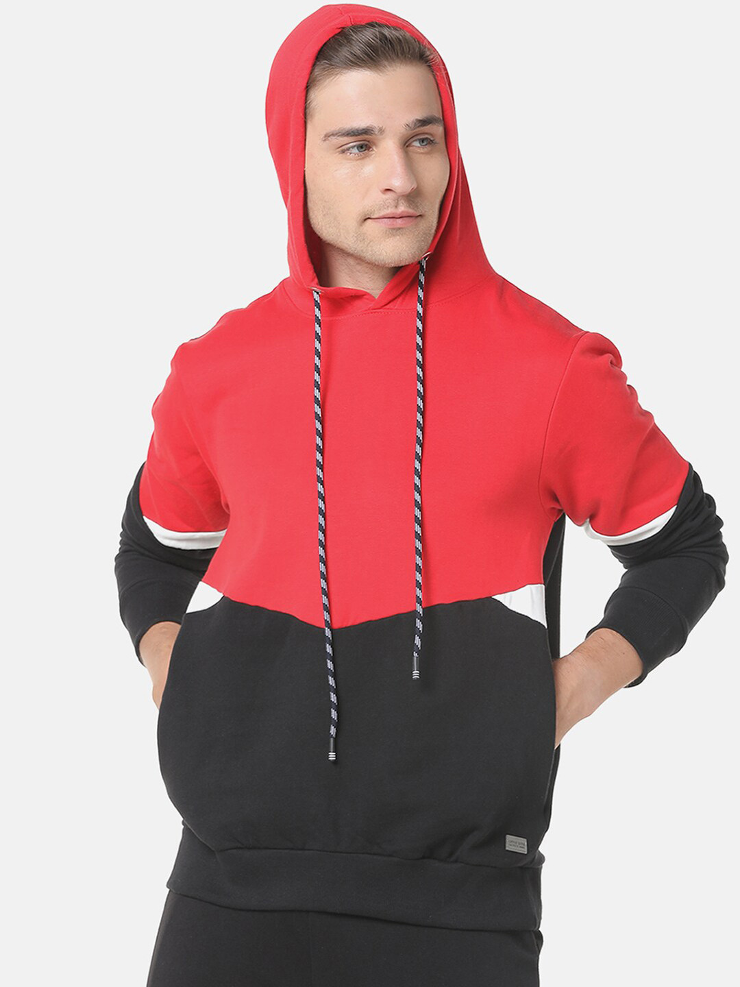 Campus Sutra Men Red & Black Colourblocked Hooded Sweatshirt