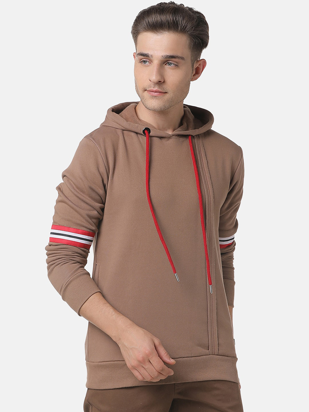 CAHOOT Men Brown Solid Hooded Sweatshirt