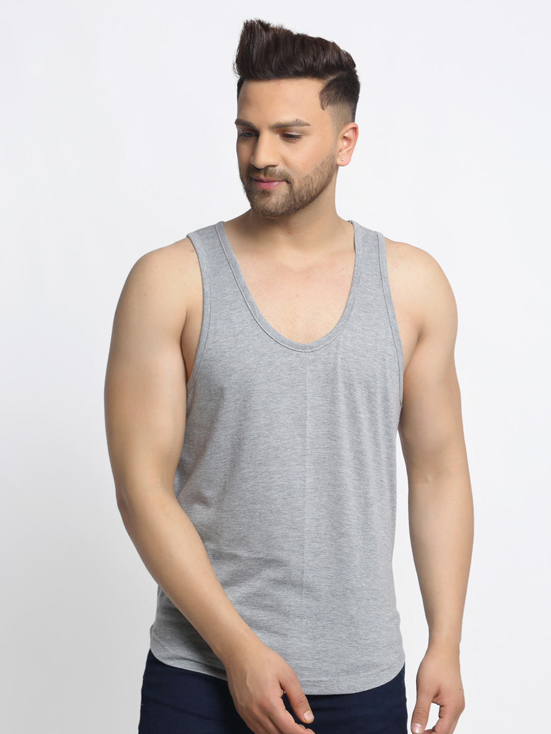 Friskers Men Grey Solid Pure Cotton Drop Cut Casual Gym Vest