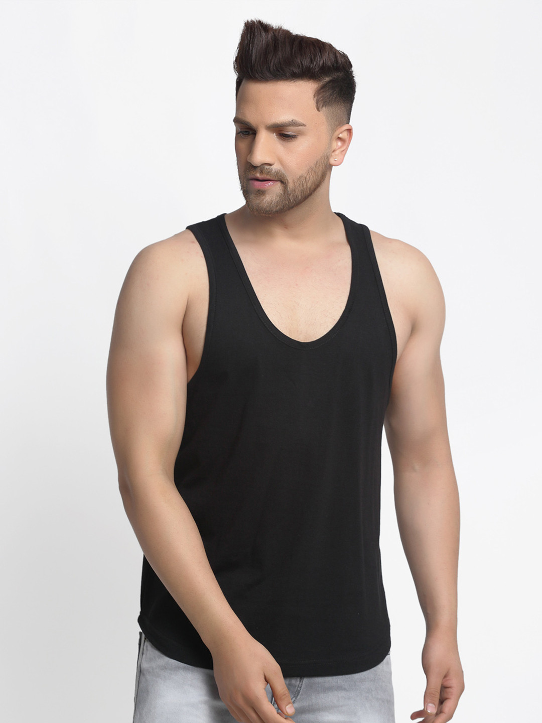 Friskers Men Black Solid Drop Cut Cotton Gym Vest