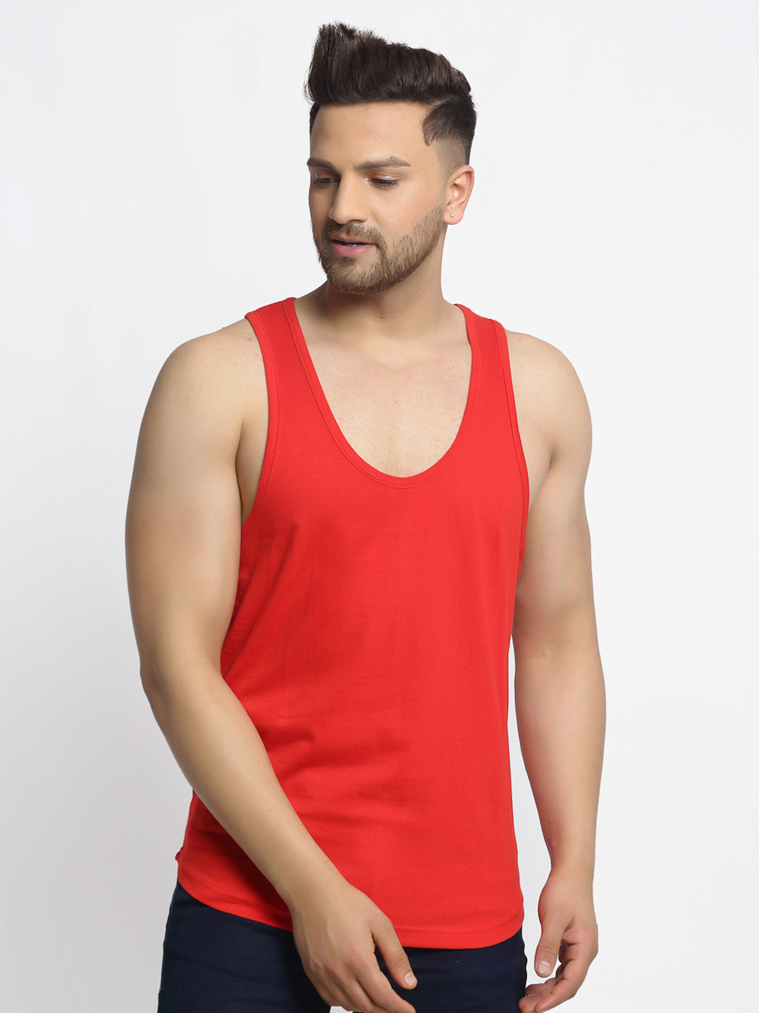 Friskers Men Red Solid Drop Cut Cotton Gym Vest