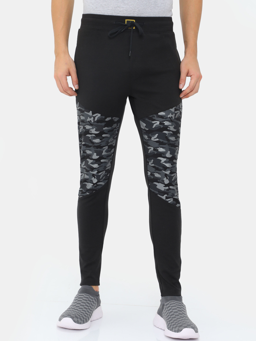 FabSeasons Men Black & Grey Camouflage Printed Slim-Fit Track Pants