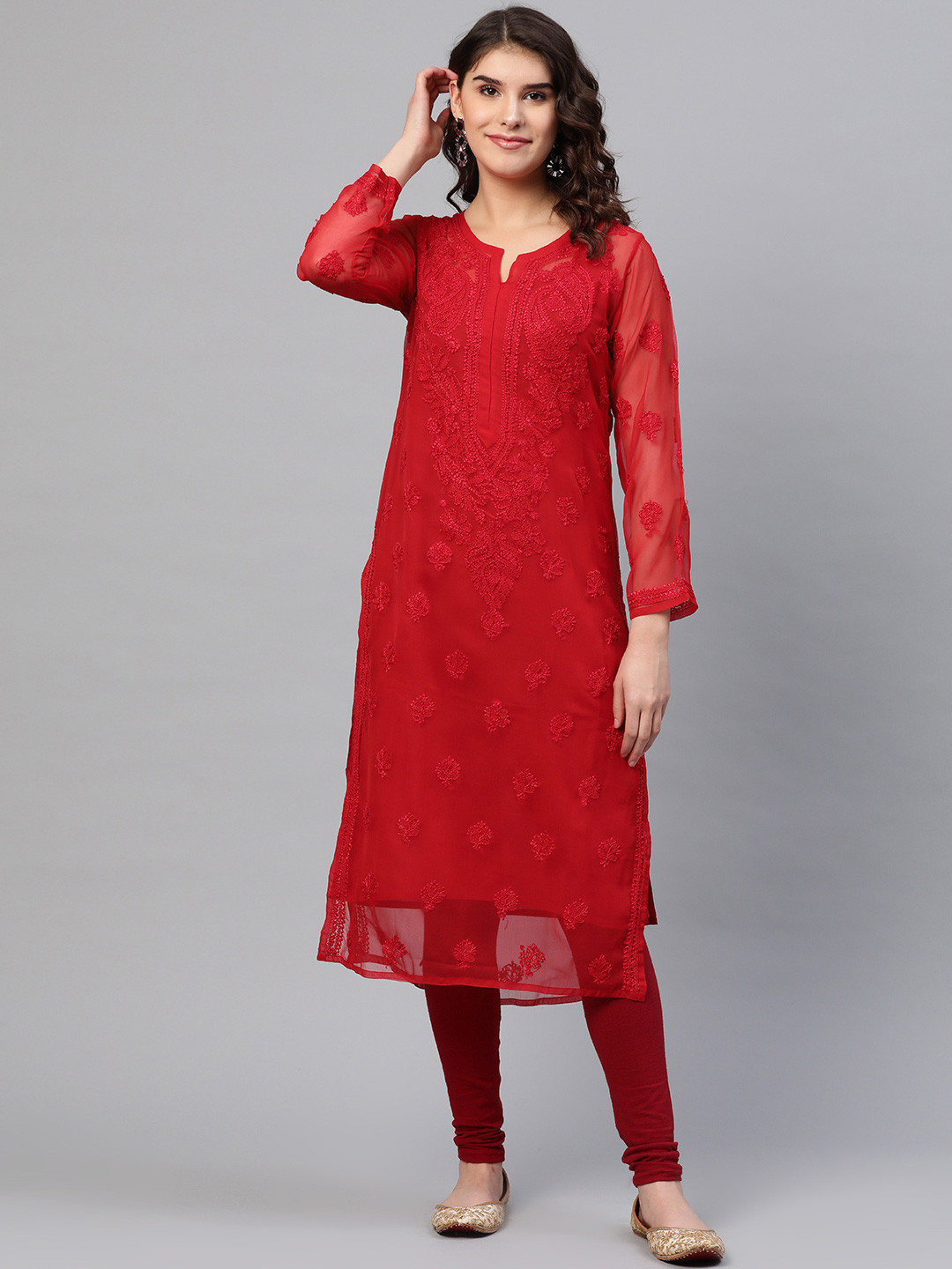 ADA Women Plus Size Red Ethnic Chikankari Sustainable Handloom Kurta With Matching Slip