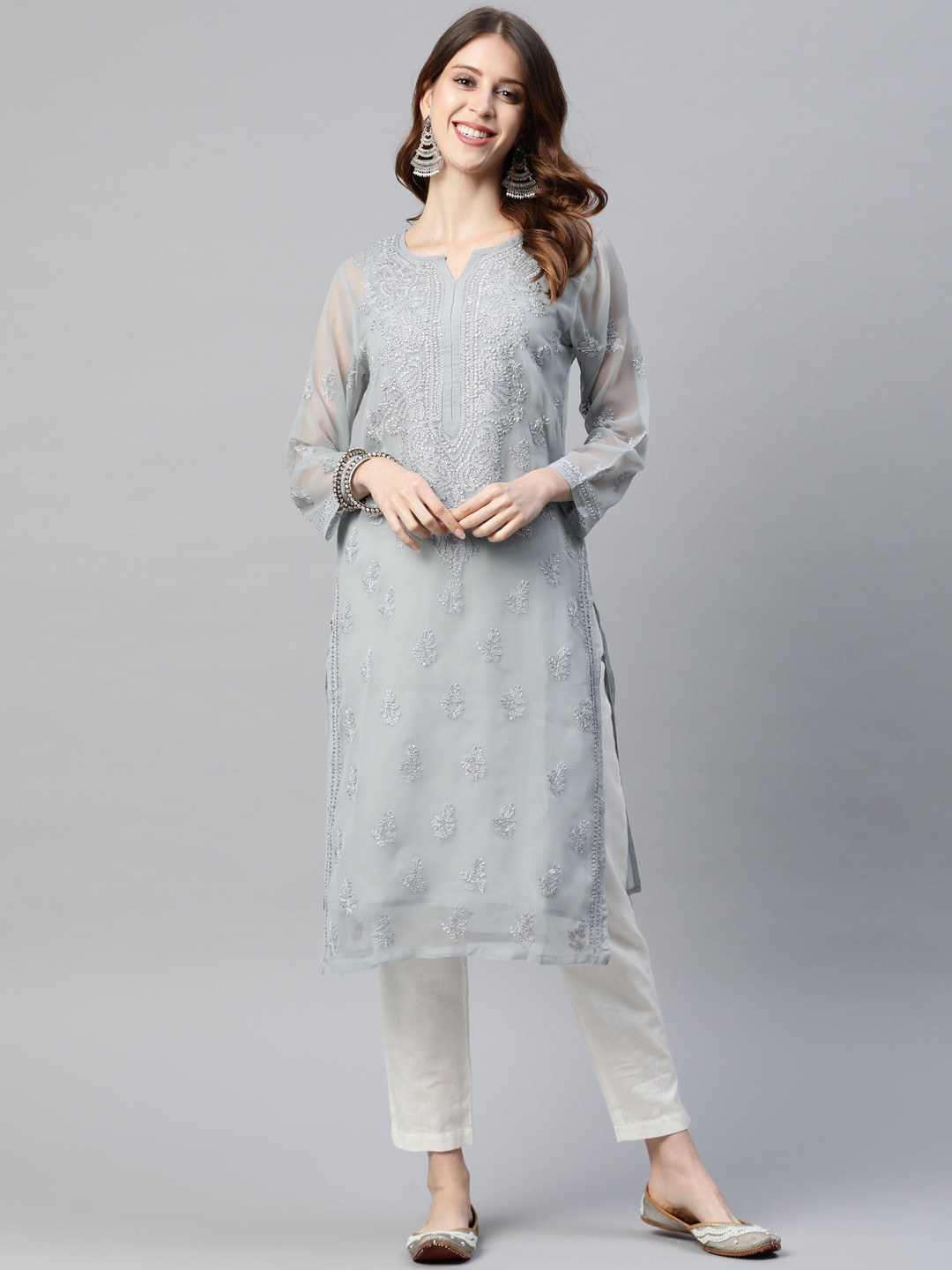 ADA Women Plus Size Grey Ethnic Motifs Chikankari Embroidered Georgette Handloom Kurta With Slip