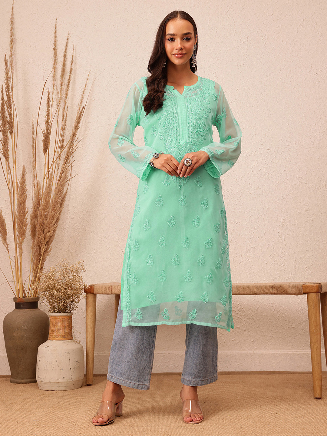 ADA Women Plus Size Sea Green Ethnic Chikankari  Handloom Kurta With Matching Slip