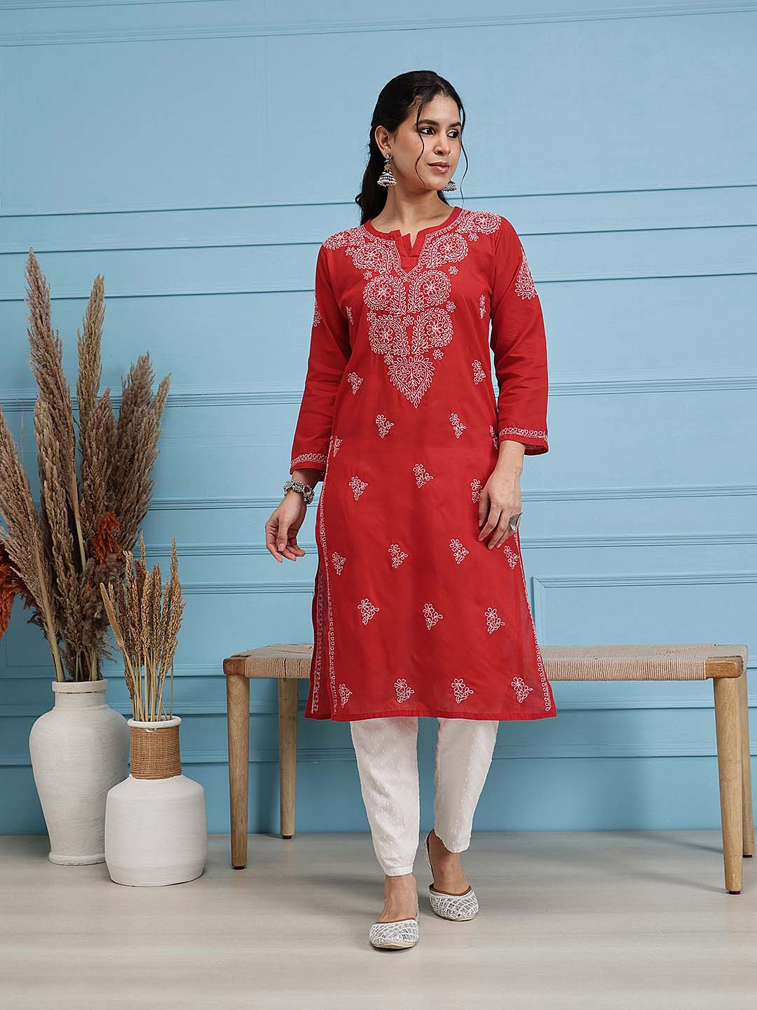 ADA Women Plus Size Red & White Ethnic Motifs Pure Cotton Chikankari Embroidered Kurta