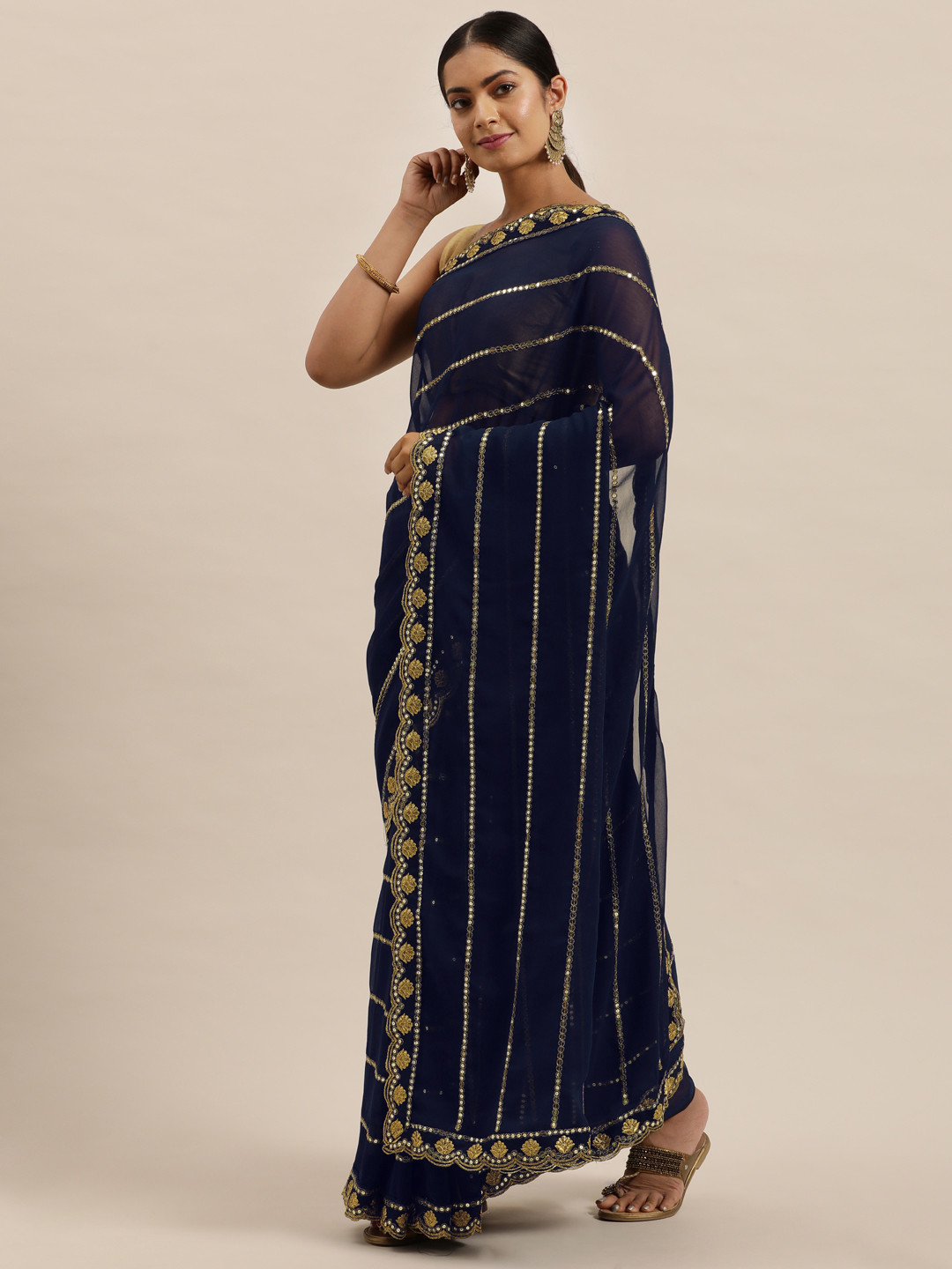 Sugathari Navy Blue Striped Zardozi Jamdani Saree