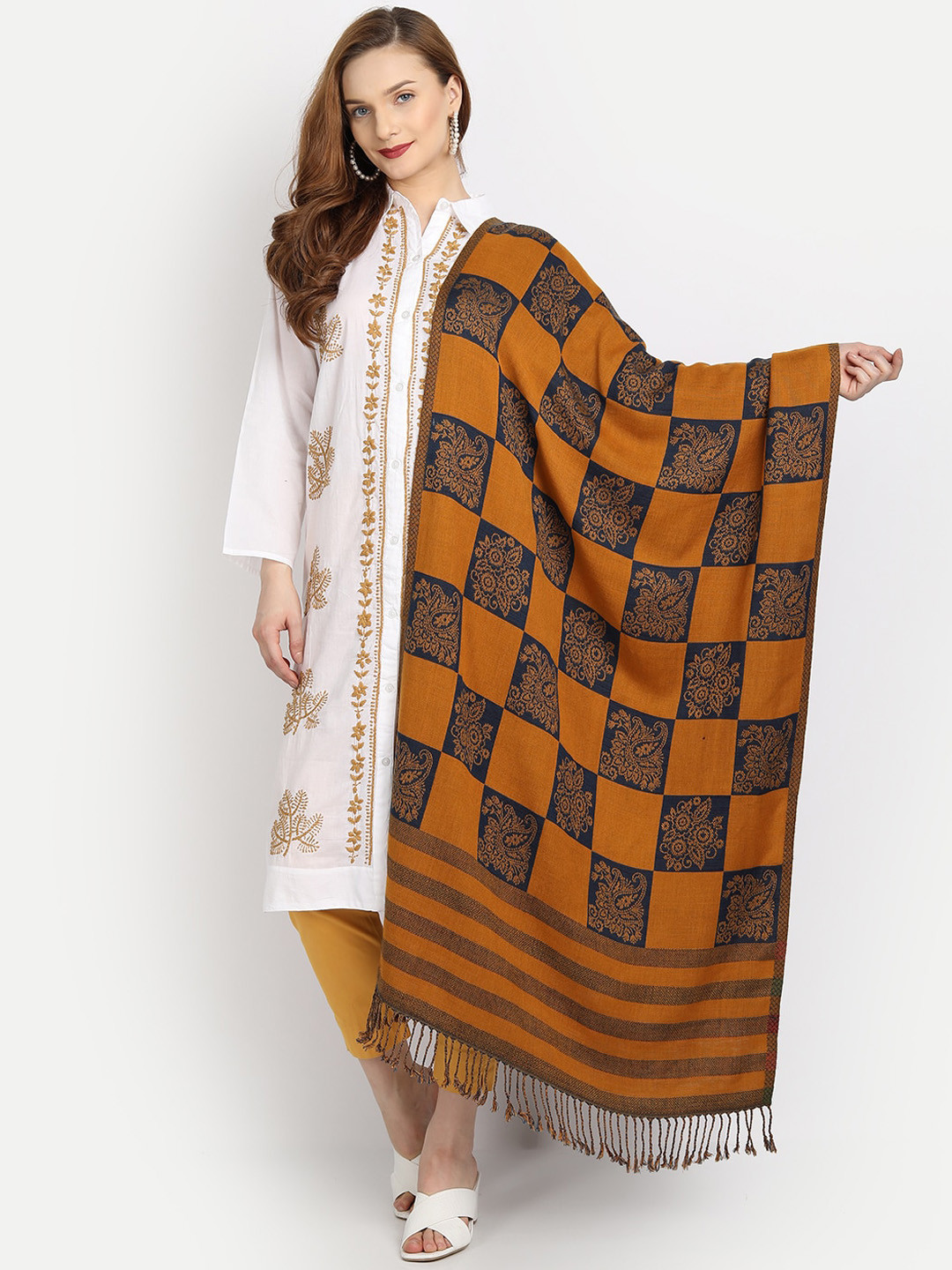 HK colours of fashion Women Charcoal Grey & Mustard-Yellow Woven-Design Reversible Shawl